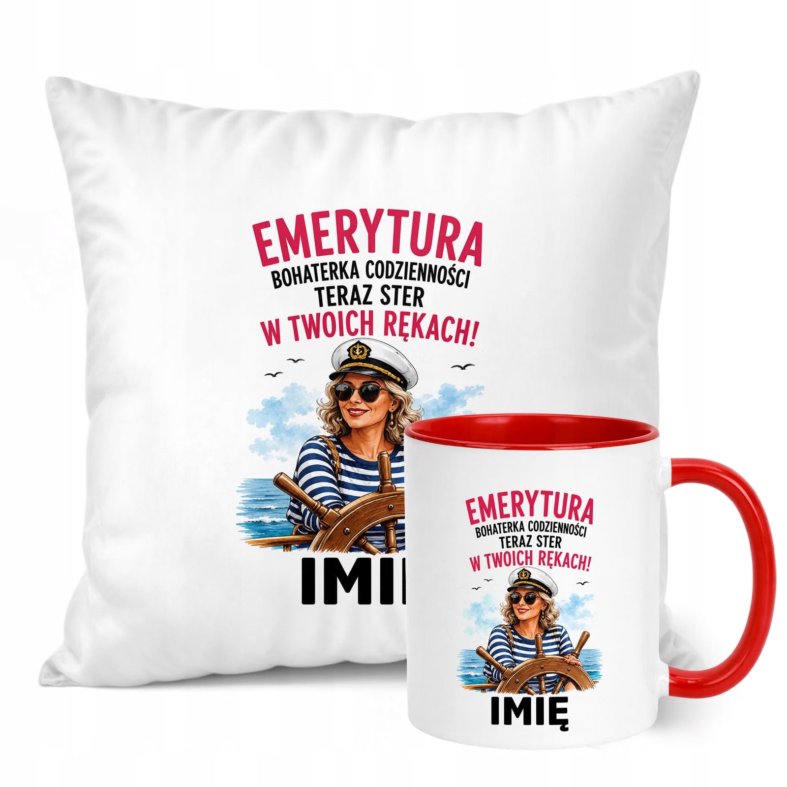 Zestaw Personalizowany Kubek Czerwony Poduszka Emerytura Upominek Prezent