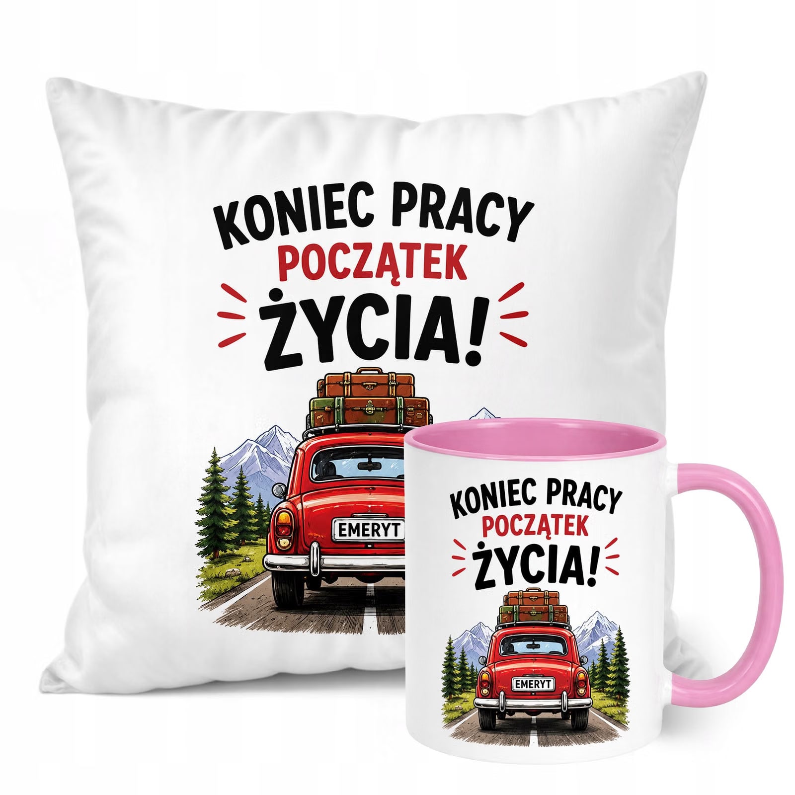 Zestaw Kubek Różowy Poduszka Z Nadrukiem Emerytura Prezent