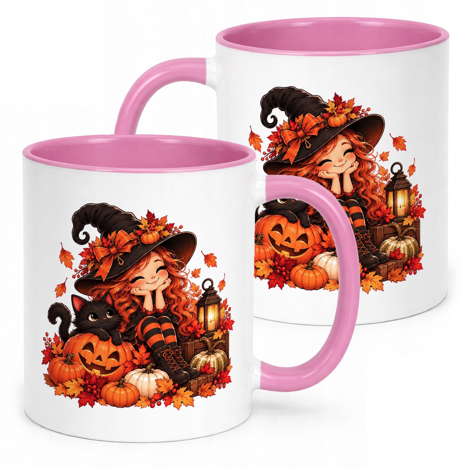 Kubek Różowy z Nadrukiem Halloween Jesień Czarownica Kot Prezent Upominek