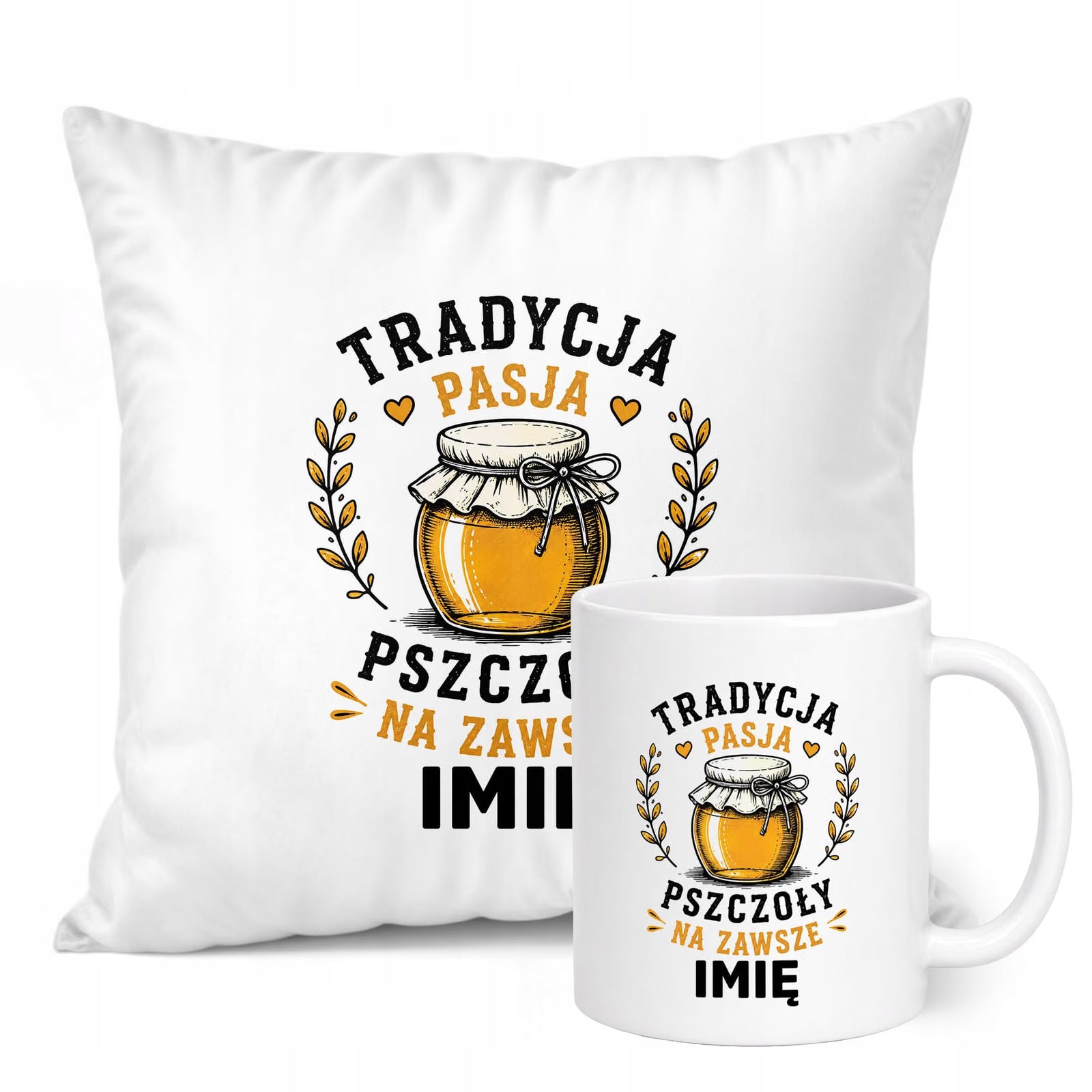 Zestaw Personalizowany Kubek Biały Poduszka Z Nadrukiem Dla Pszczelarza