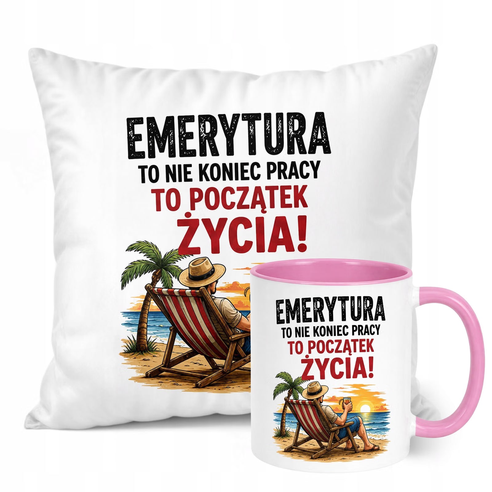 Zestaw Kubek Różowy Poduszka Z Nadrukiem Emerytura Prezent