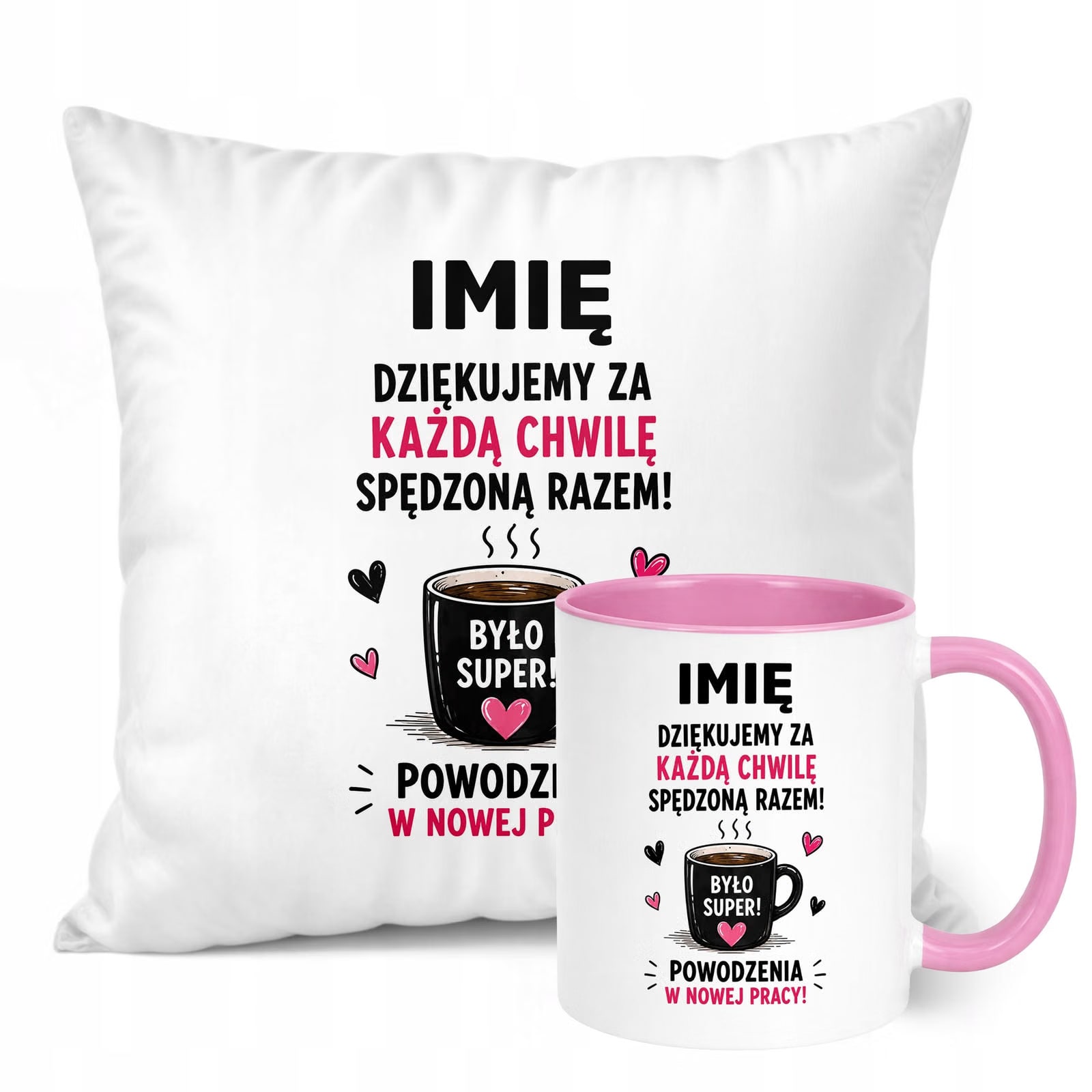 Zestaw Personalizowany Kubek Różowy Poduszka Odejście z Pracy Prezent