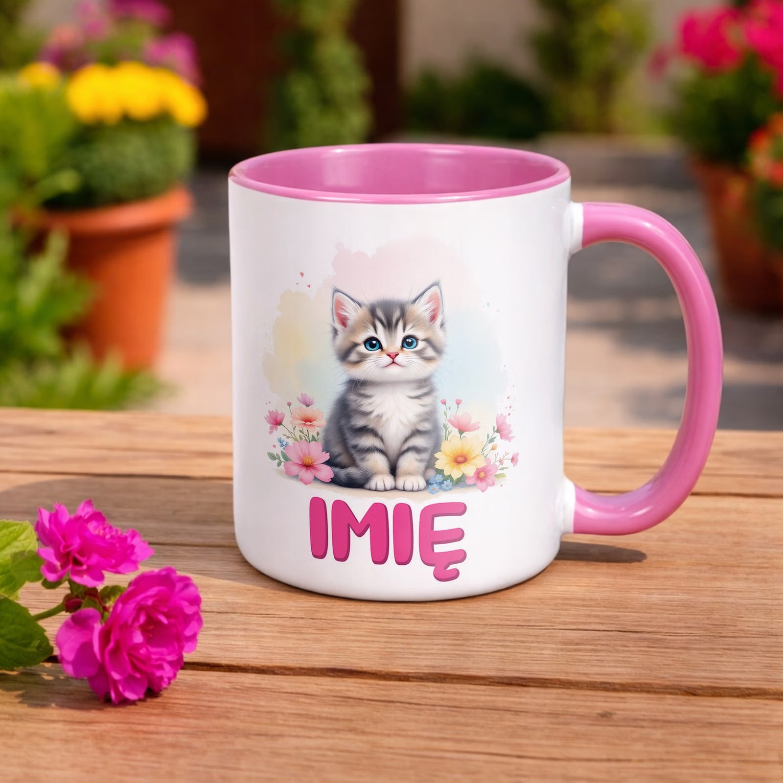 Kubek Różowy Personalizowany Kot Kotek Zwierzak Słodki Dla Dzieci
