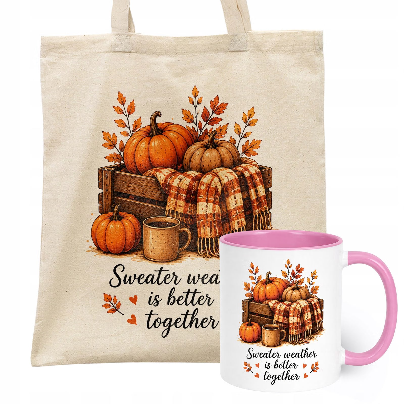 Zestaw Kubek Różowy Torba Shopper Ecru Z Nadrukiem Jesień Jesienny