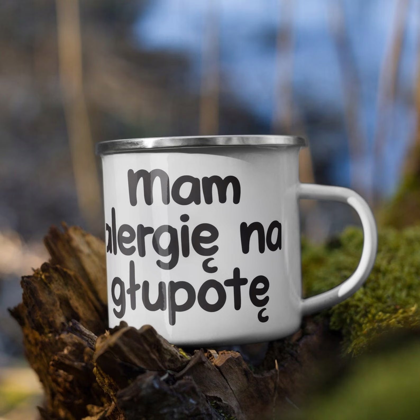 Kubek Emaliowany Mam Alergię Głupotę Zabawny z Nadrukiem Biały Metalowy