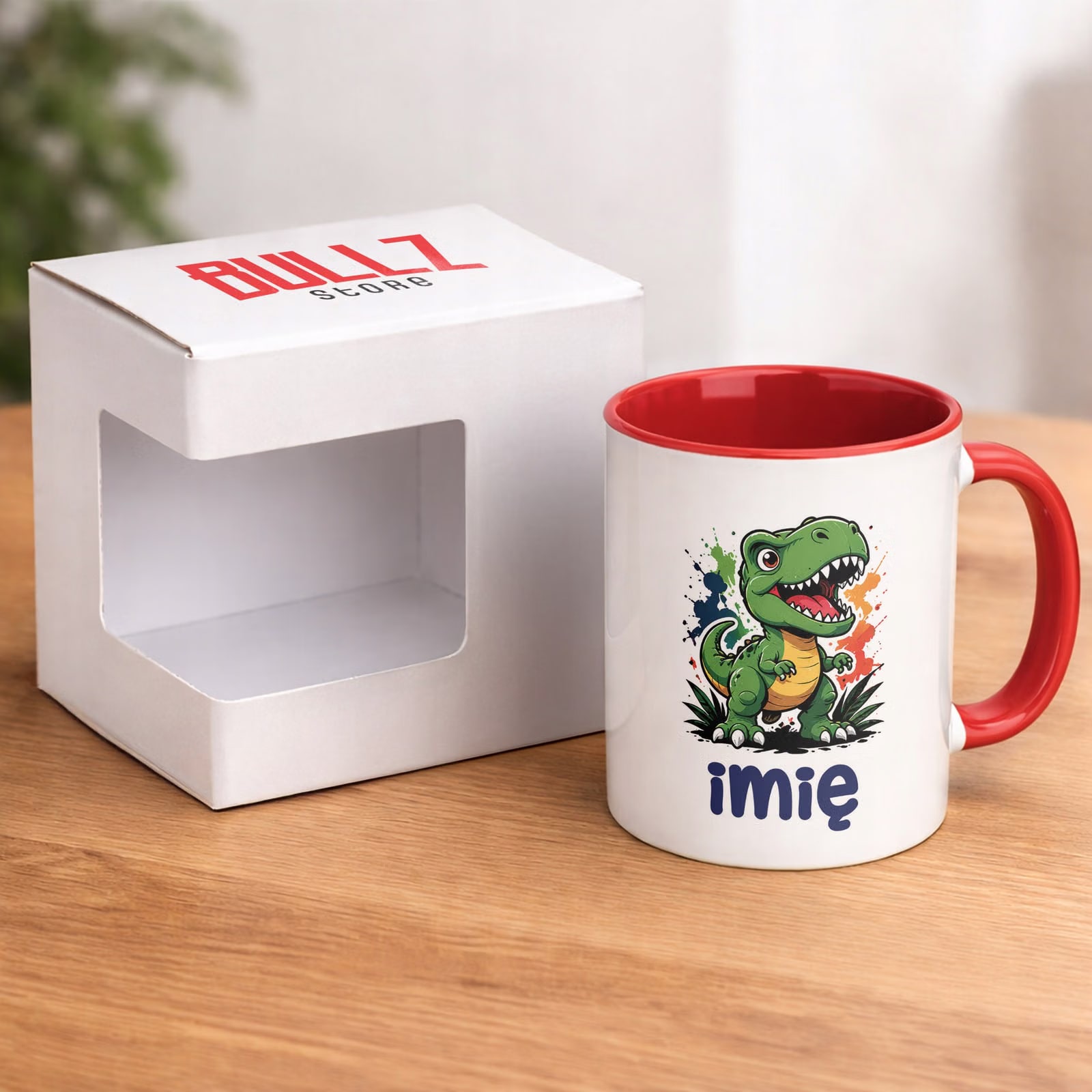 Kubek Czerwony z nadrukiem personalizowany Dinozaur Dla Dzieci Prezent