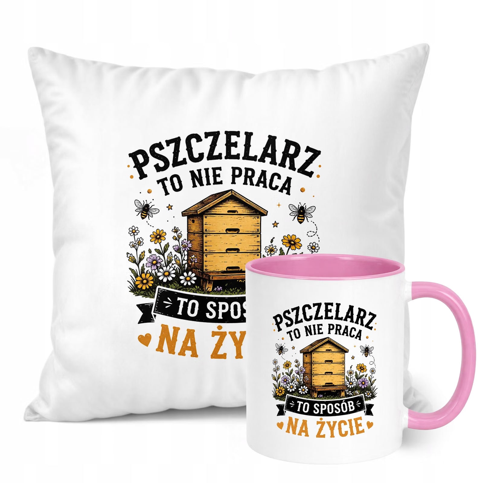 Zestaw Kubek Różowy Poduszka Z Nadrukiem Dla Pszczelarza Prezent