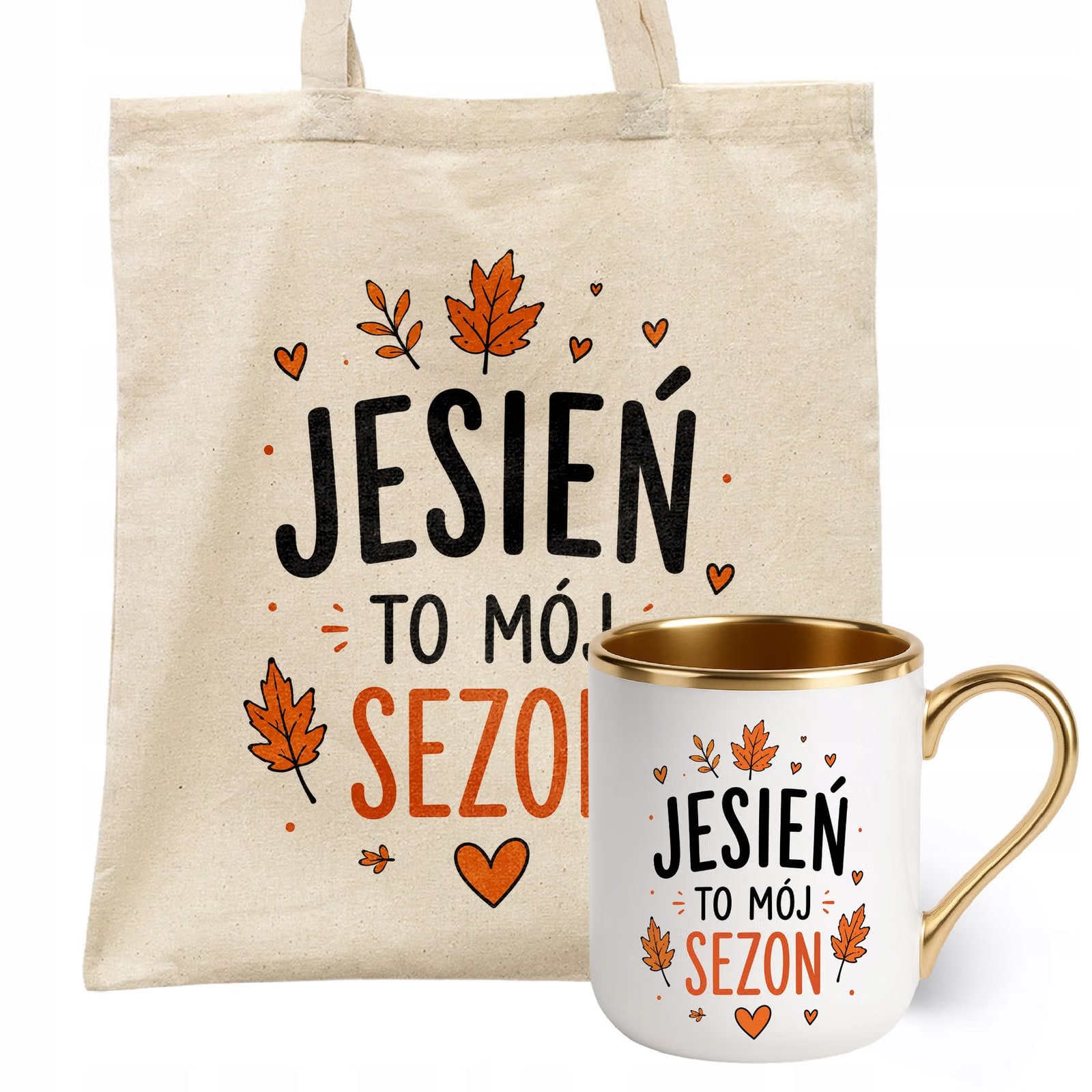 Zestaw Kubek Premium Złoty Torba Shopper Ecru Z Nadrukiem Jesień