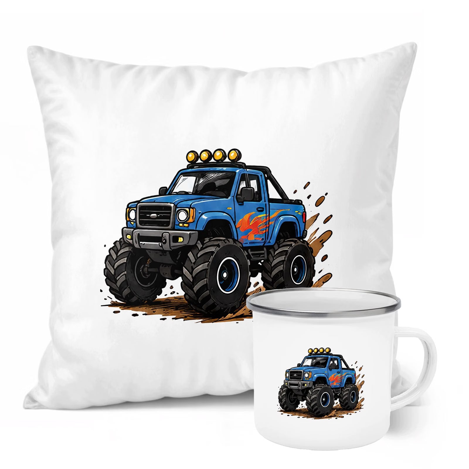 Zestaw Kubek Emaliowany Poduszka Z Nadrukiem Monster Truck Prezent