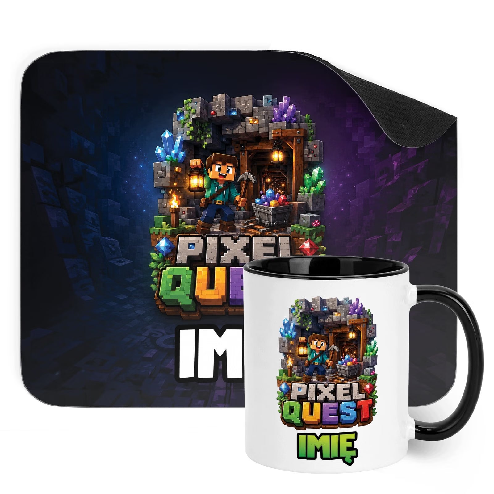 Zestaw personalizowany Kubek Czarny Podkładka pod mysz gra Pixel Quest