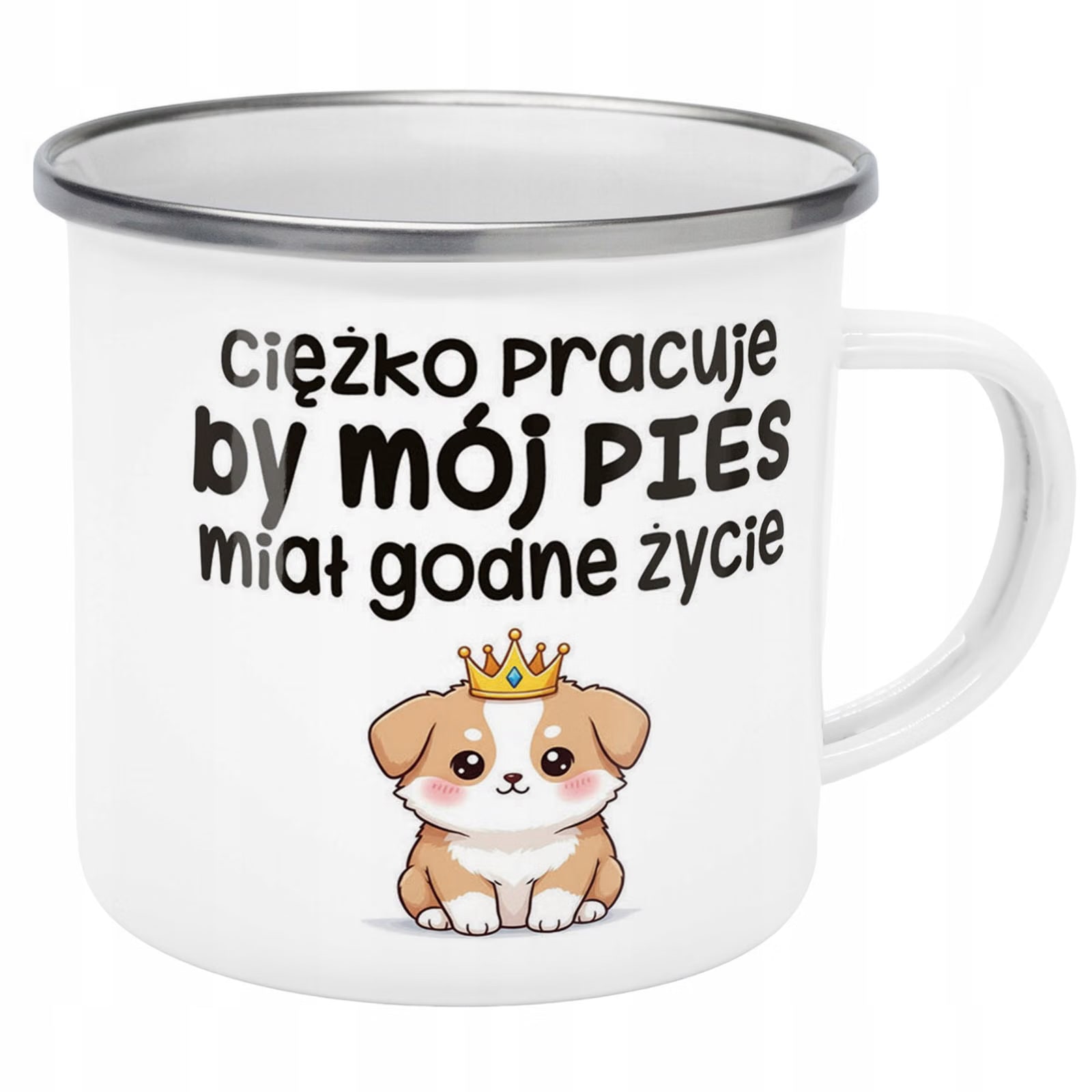 Kubek Emaliowany Ciężko Pracuję By Mój Pies z Nadrukiem Biały Metalowy