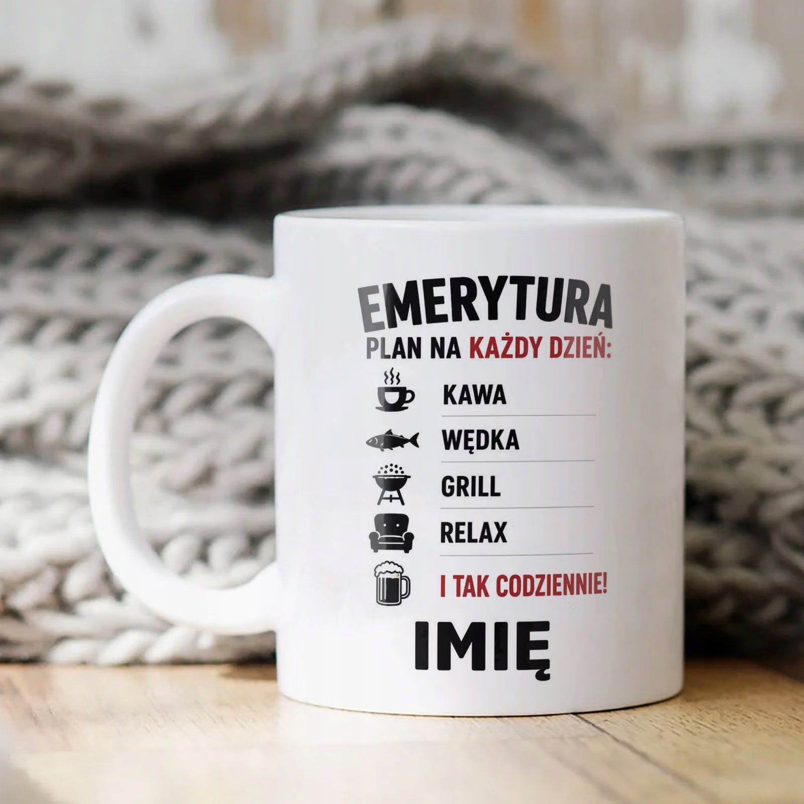 Biały Kubek Personalizowany z Nadrukiem Emerytura Dla Emeryta Prezent