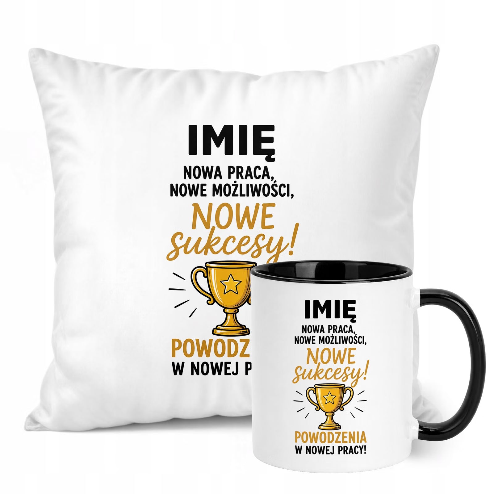 Zestaw Personalizowany Kubek Czarny Poduszka Odejście z Pracy Prezent