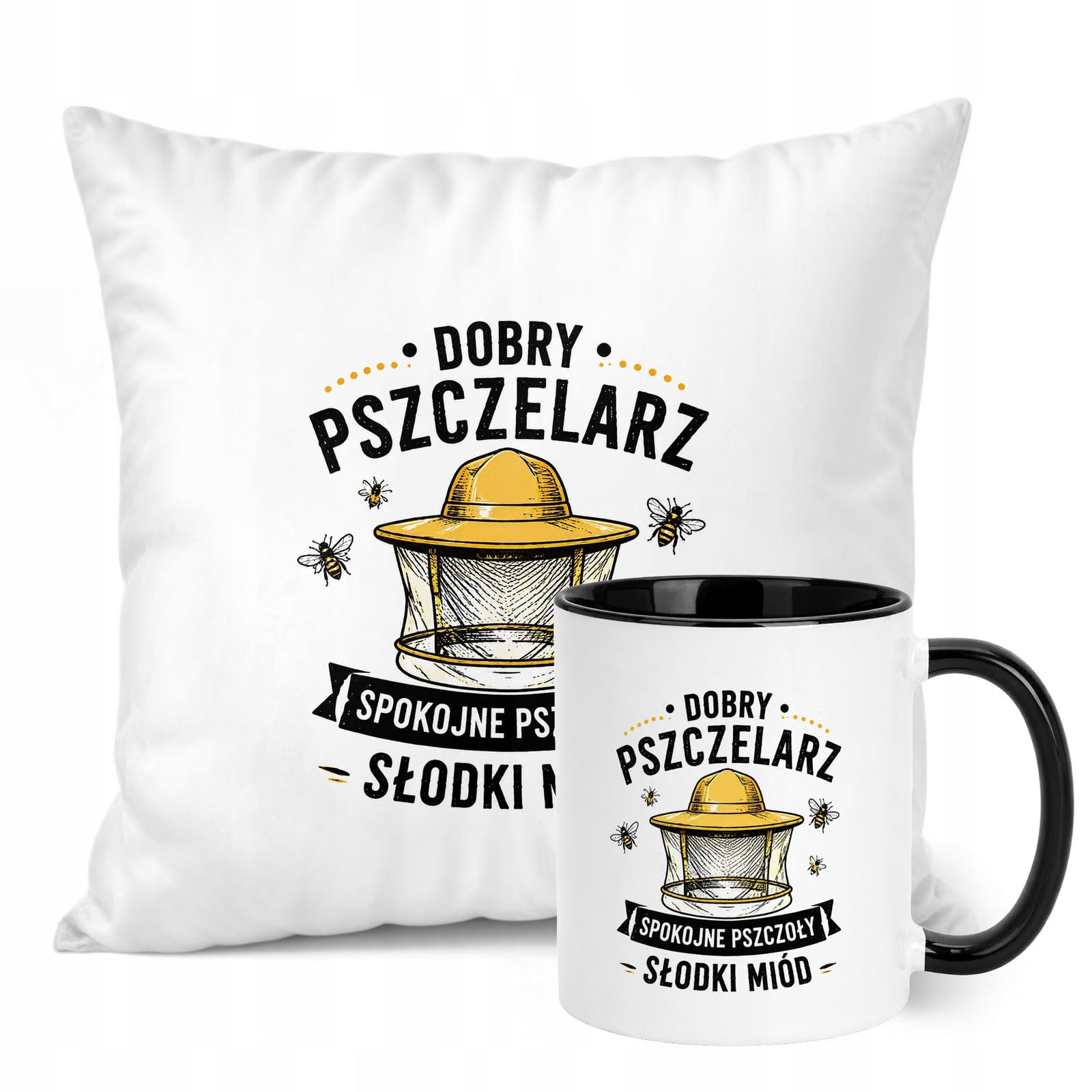 Zestaw Kubek Czarny Poduszka Z Nadrukiem Dla Pszczelarza Prezent