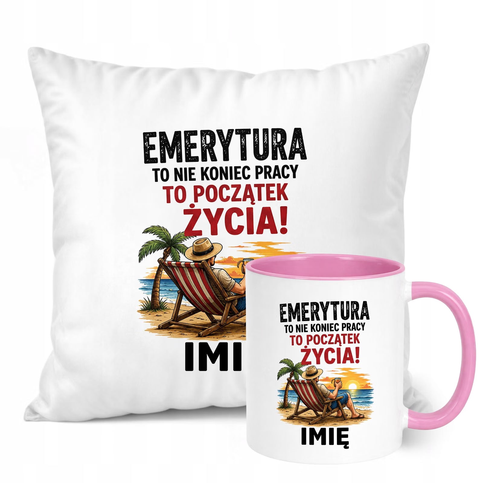 Zestaw Personalizowany Kubek Różowy Poduszka Emerytura Upominek Prezent