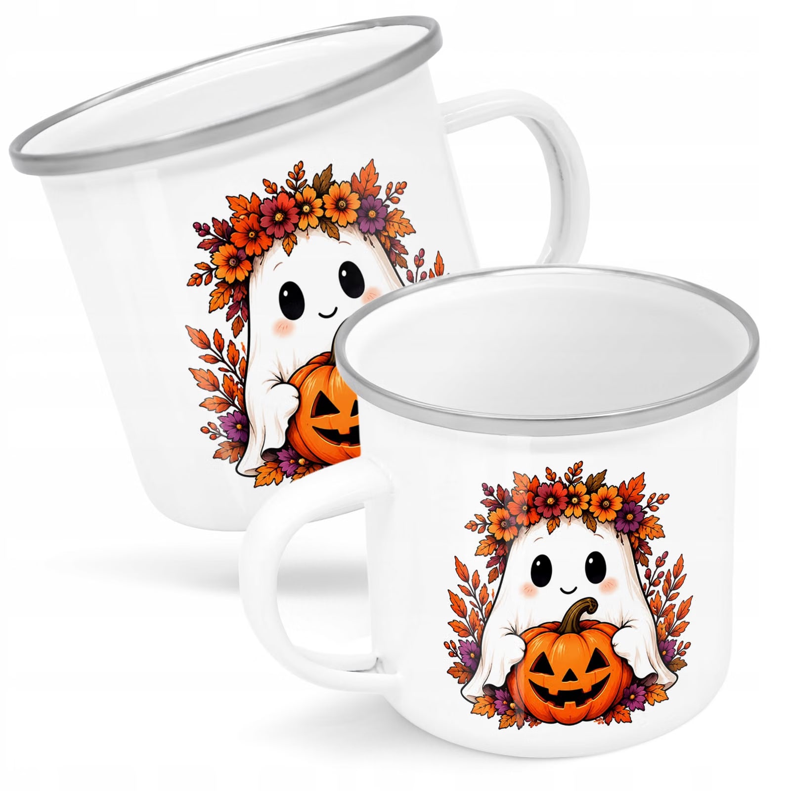 Kubek Emaliowany Halloween Duch Dynia z Nadrukiem Biały Metalowy Prezent