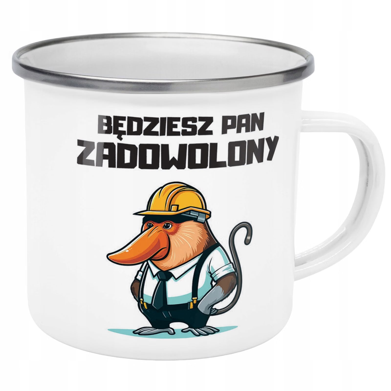 Kubek Emaliowany Janusz Nosacz Do Pracy Zabawny z Nadrukiem Biały Metalowy