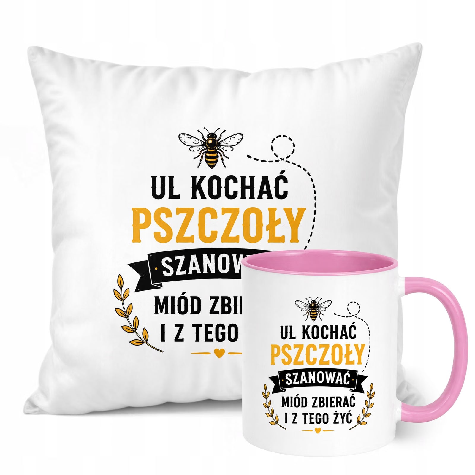 Zestaw Kubek Różowy Poduszka Z Nadrukiem Dla Pszczelarza Prezent