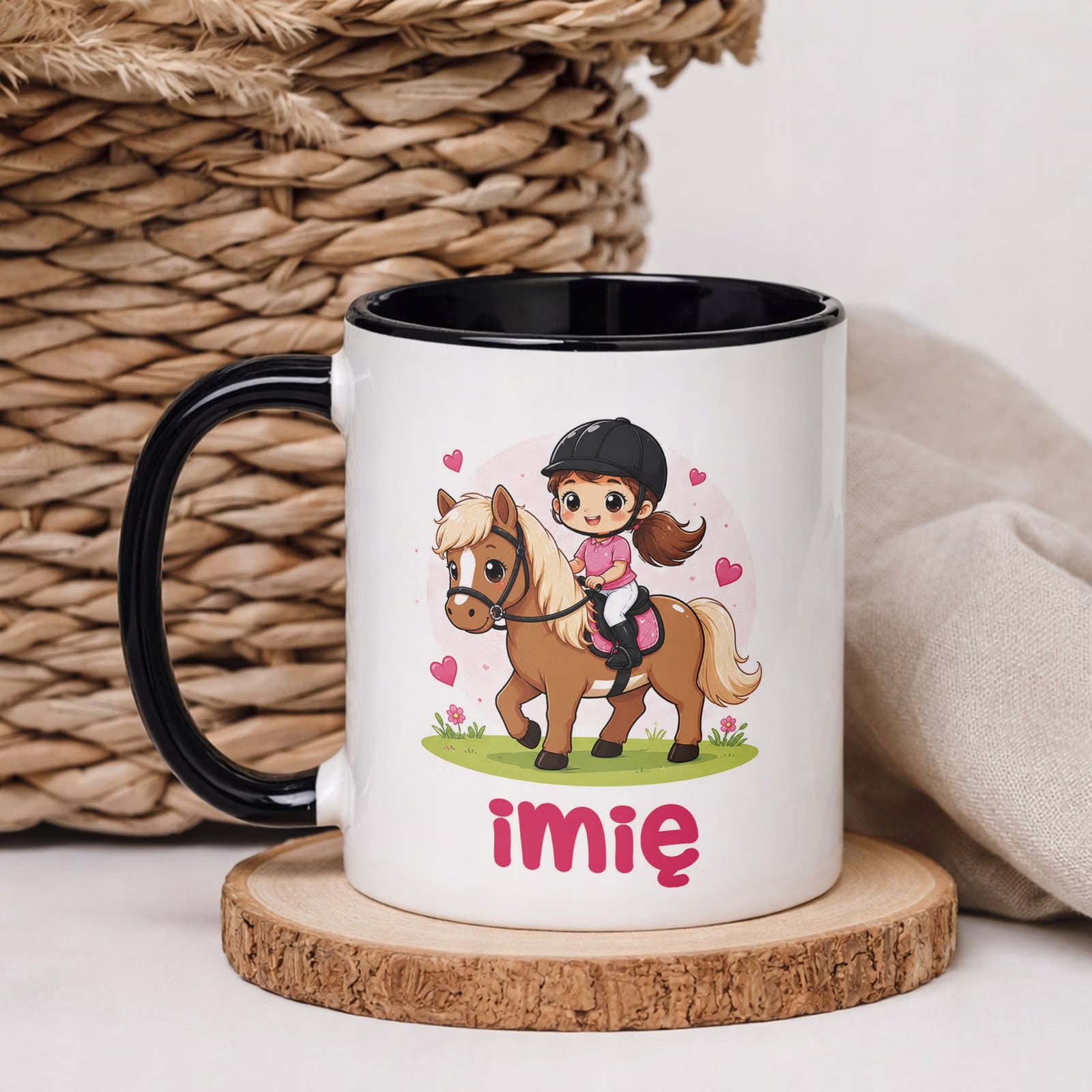 Kubek Czarny z nadrukiem personalizowany Konie Jazda Konna Dla Dzieci