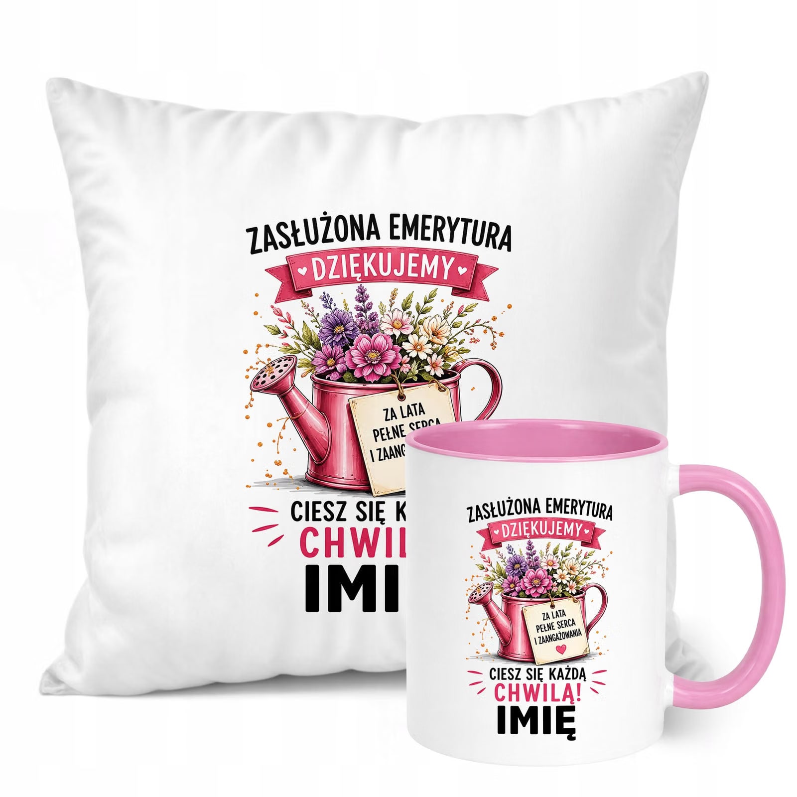 Zestaw Personalizowany Kubek Różowy Poduszka Emerytura Upominek Prezent