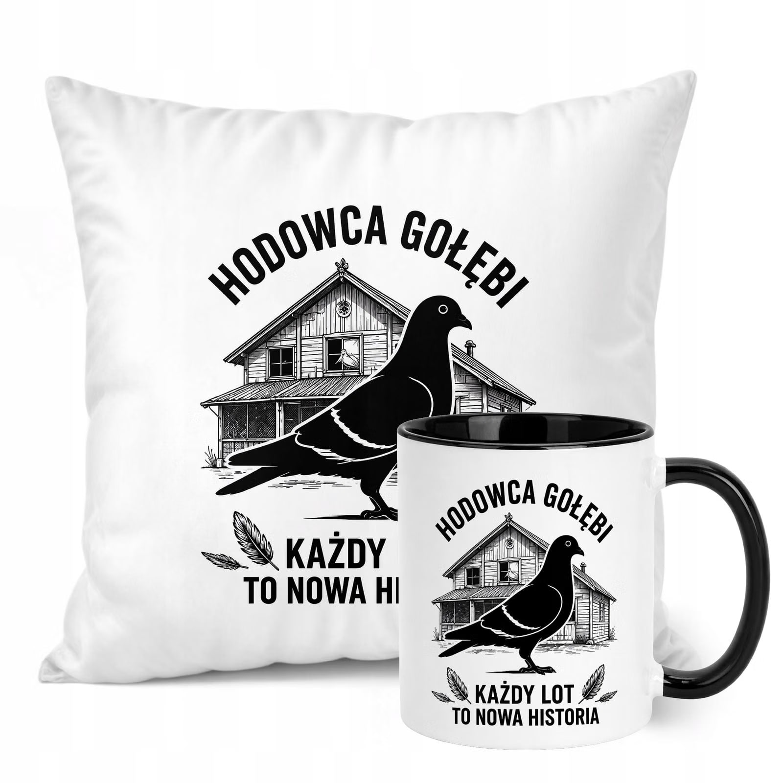 Zestaw Kubek Czarny Poduszka Z Nadrukiem Dla Gołębiarza Prezent