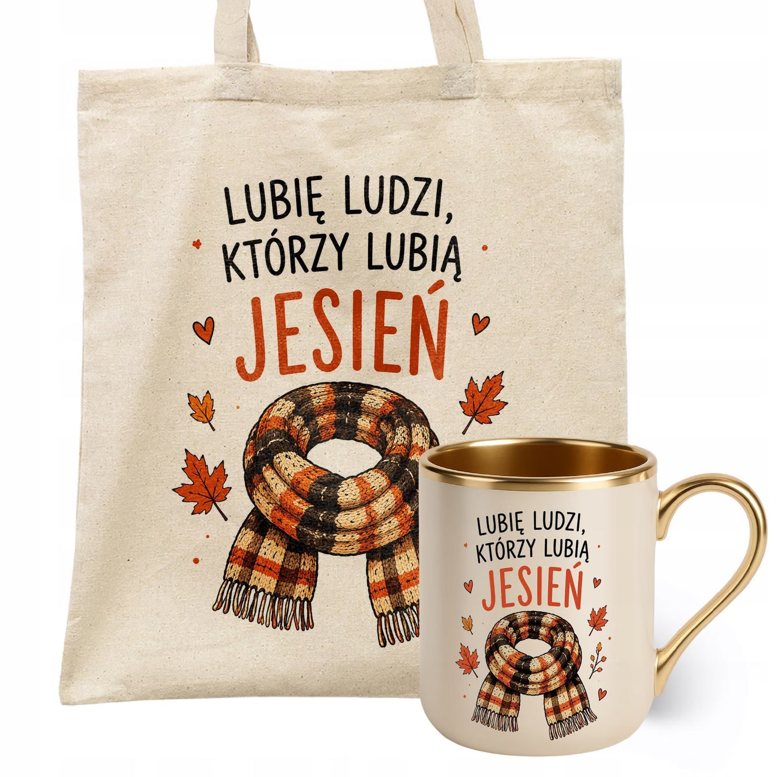 Zestaw Kubek Premium Złoty Ecru Torba Shopper Ecru Z Nadrukiem Jesień