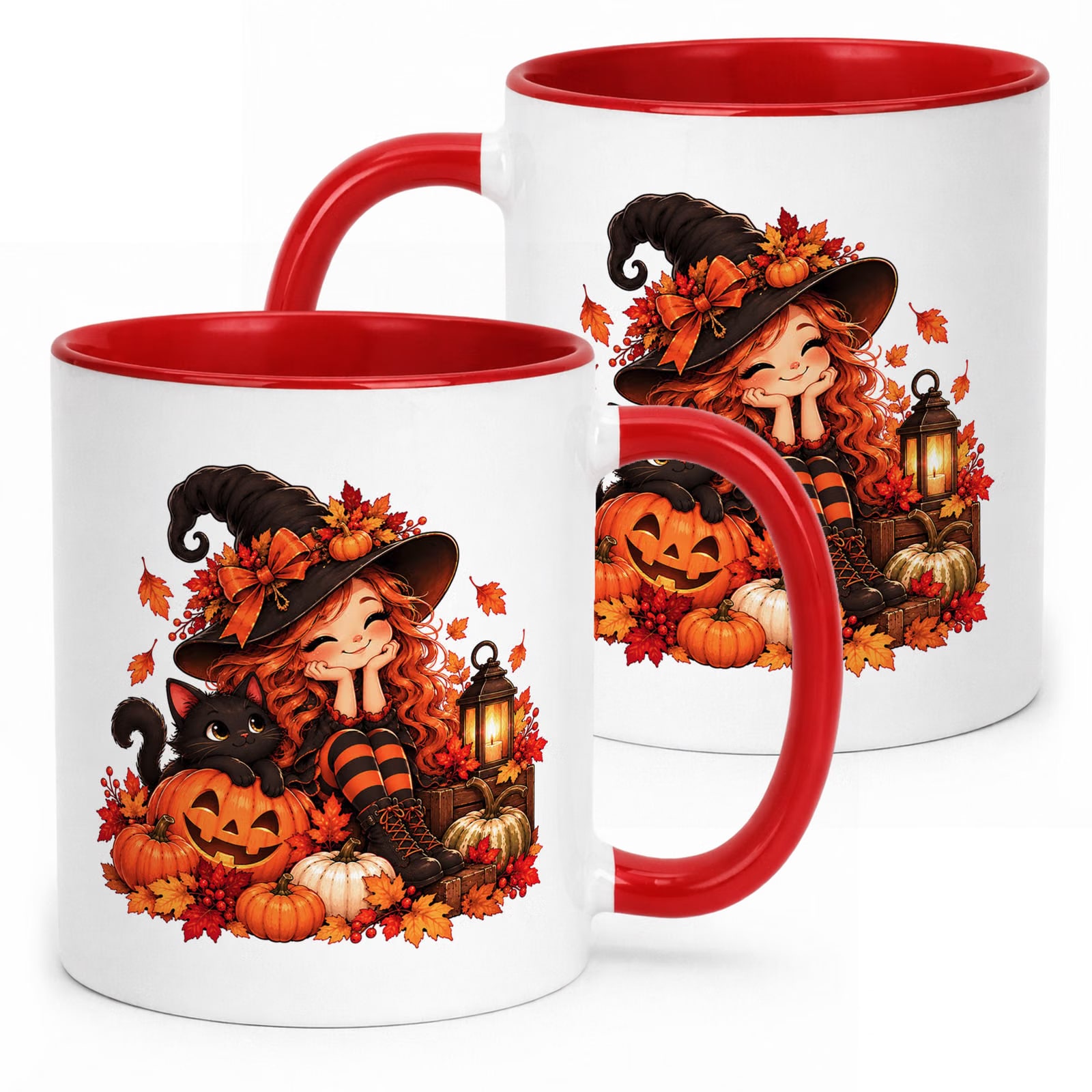 Kubek Czerwony z Nadrukiem Halloween Jesień Czarownica Kot Prezent Upominek