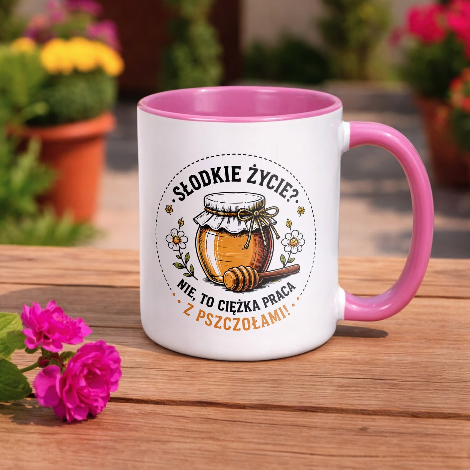 Różowy Kubek z nadrukiem Dla Pszczelarza Szef Pasieki Upominek Prezent