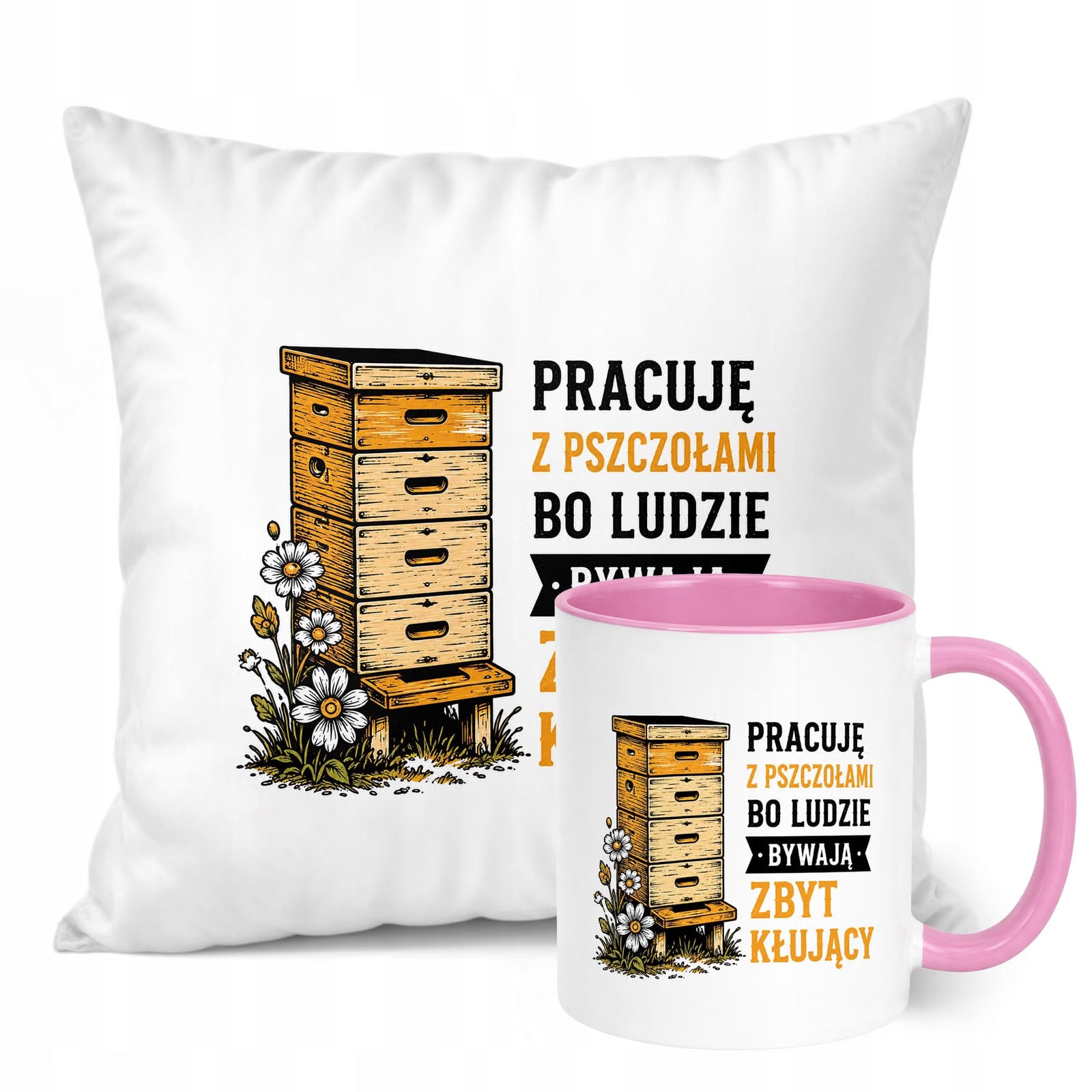 Zestaw Kubek Różowy Poduszka Z Nadrukiem Dla Pszczelarza Prezent