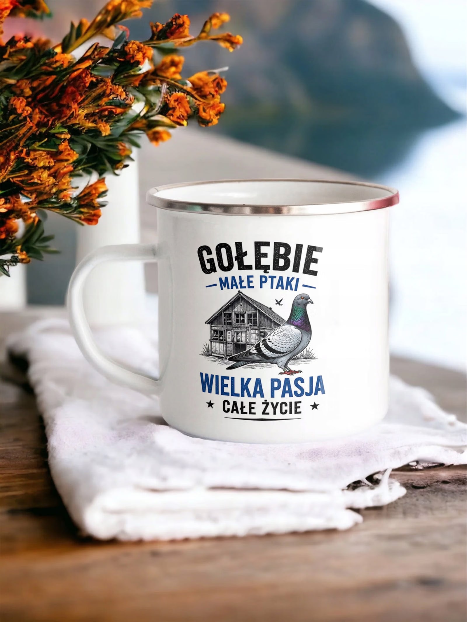 Kubek Emaliowany Dla Hodowcy Gołębi z Nadrukiem Biały Metalowy Prezent