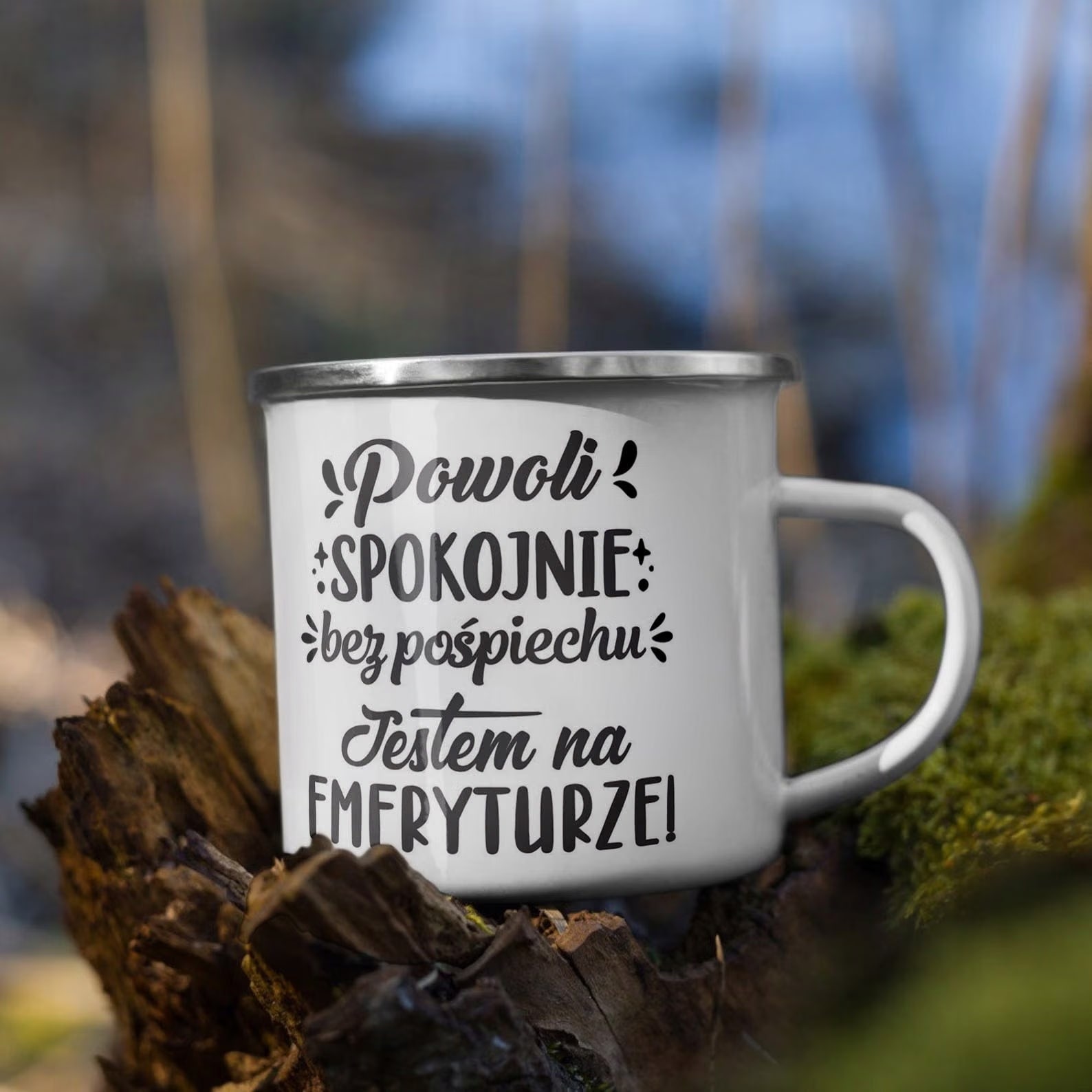 Kubek Emaliowany z okazji Emerytury Dla Emeryta z Nadrukiem Biały Metalowy