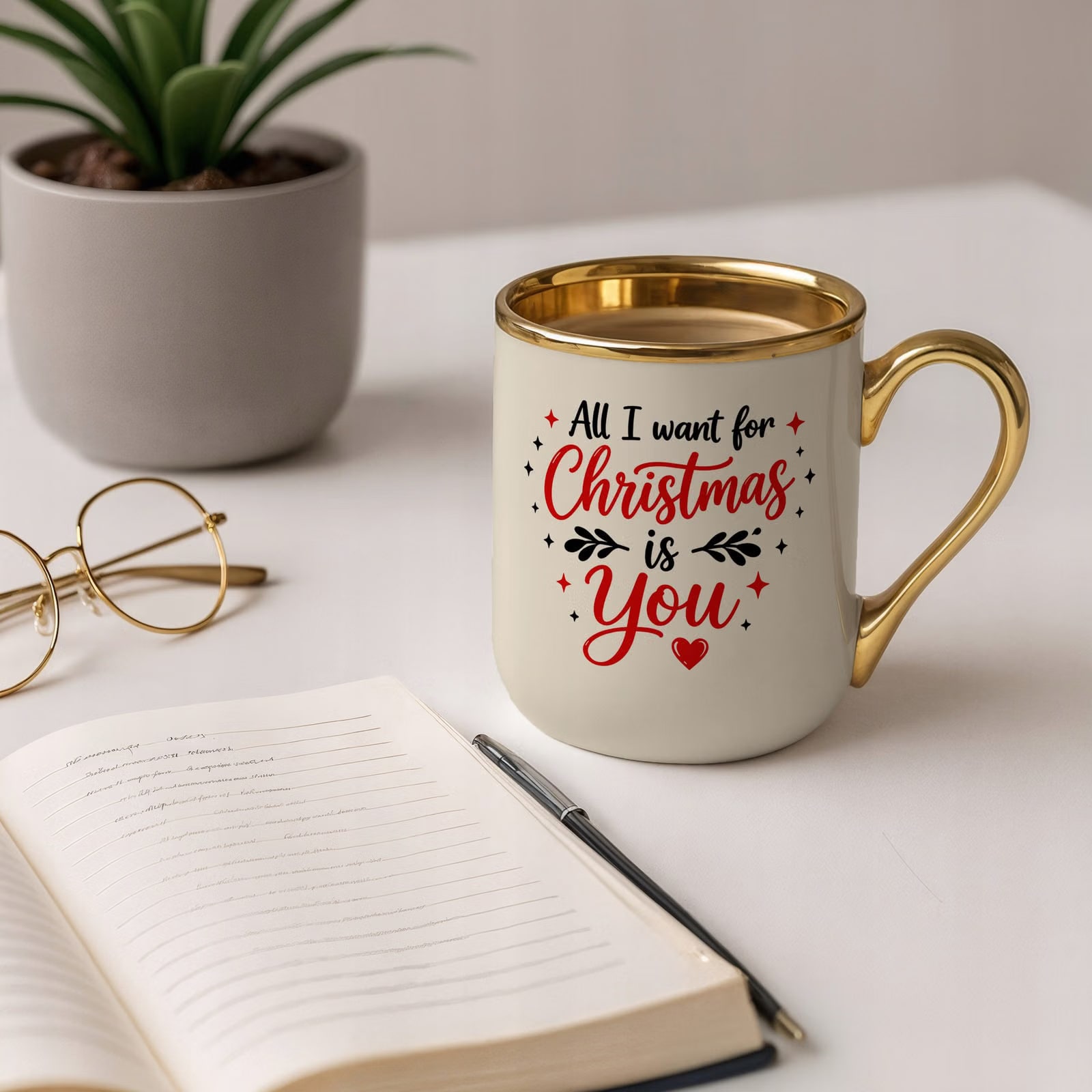Kubek Premium Złoty Ecru Boże Narodzenie All I Want For Christmas Prezent