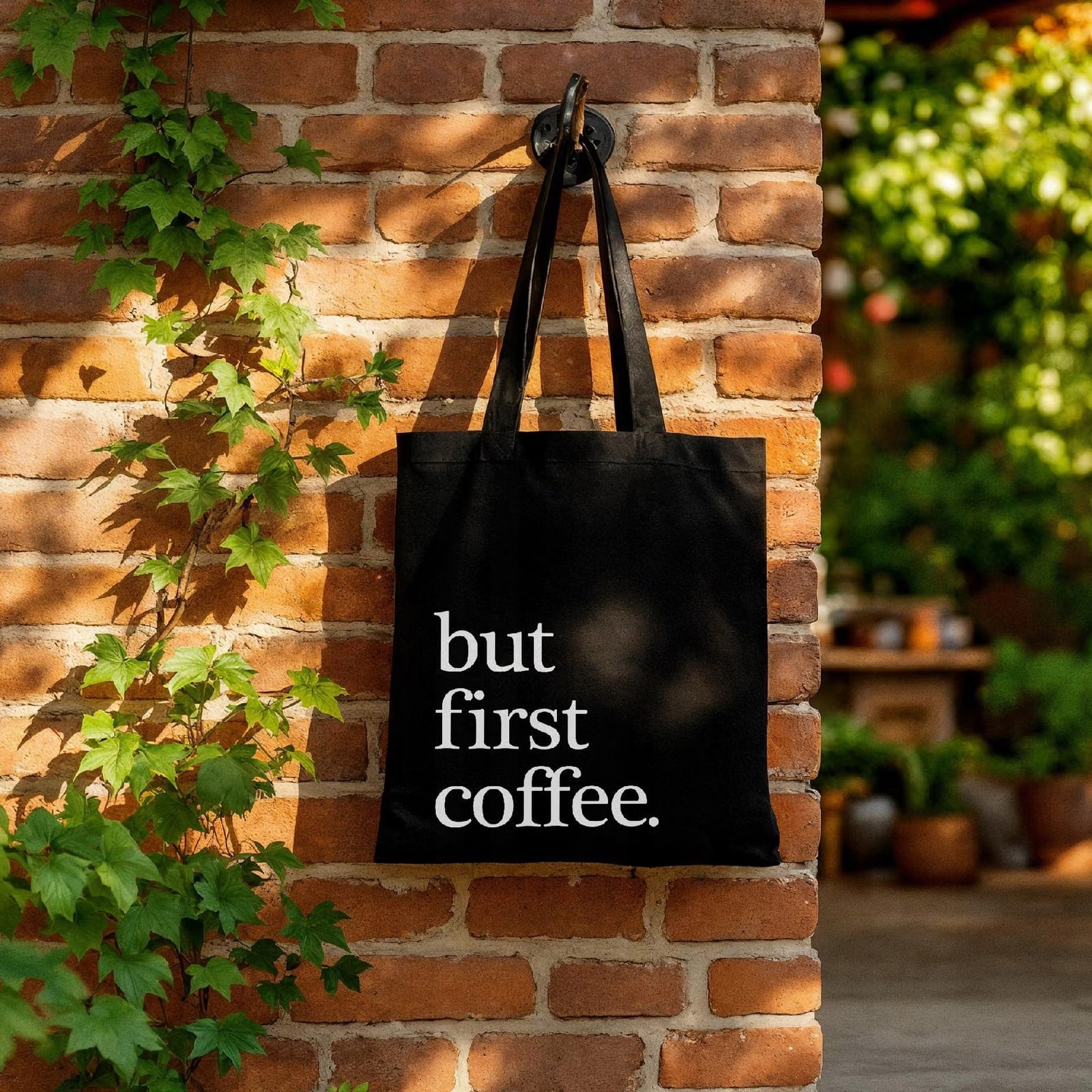 Torba bawełniana czarna na zakupy But First Coffee