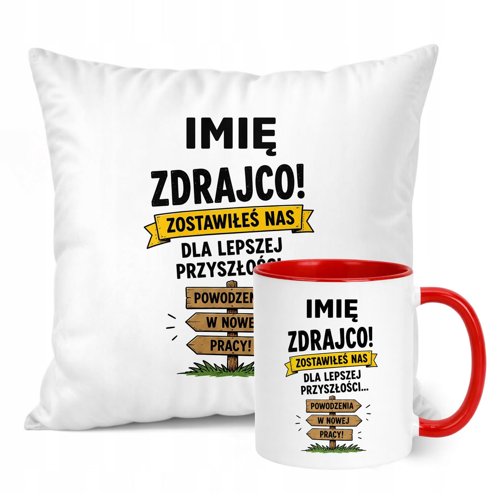 Zestaw Personalizowany Kubek Czerwony Poduszka Odejście z Pracy Prezent