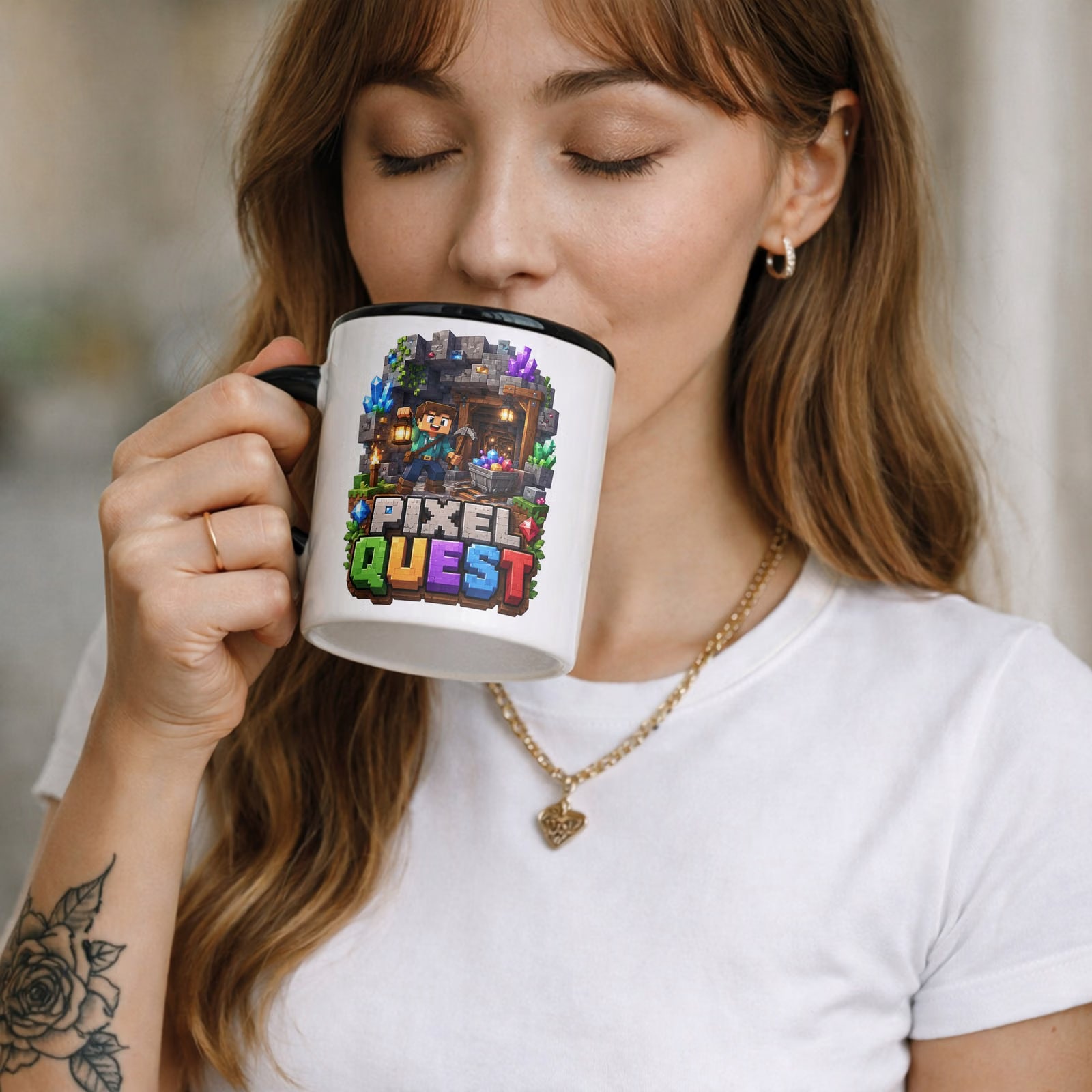Zestaw Kubek Czarny Podkładka pod mysz z nadrukiem gra Pixel Quest