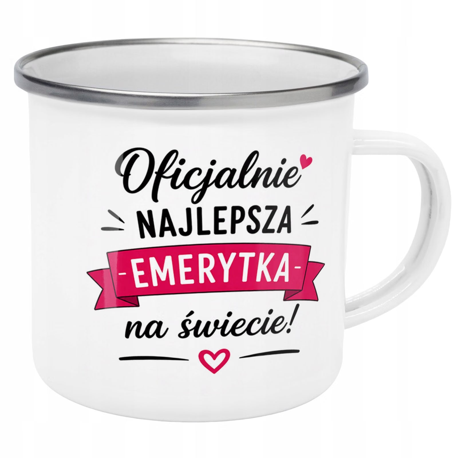 Kubek Emaliowany Emerytura Dla Emerytki z Nadrukiem Biały Metalowy Prezent