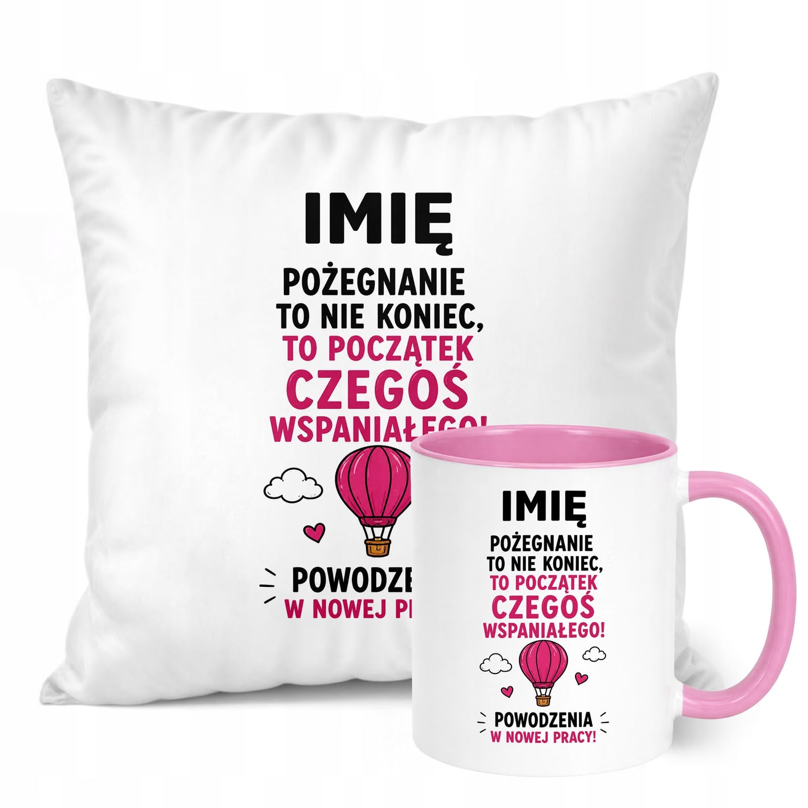 Zestaw Personalizowany Kubek Różowy Poduszka Odejście z Pracy Prezent