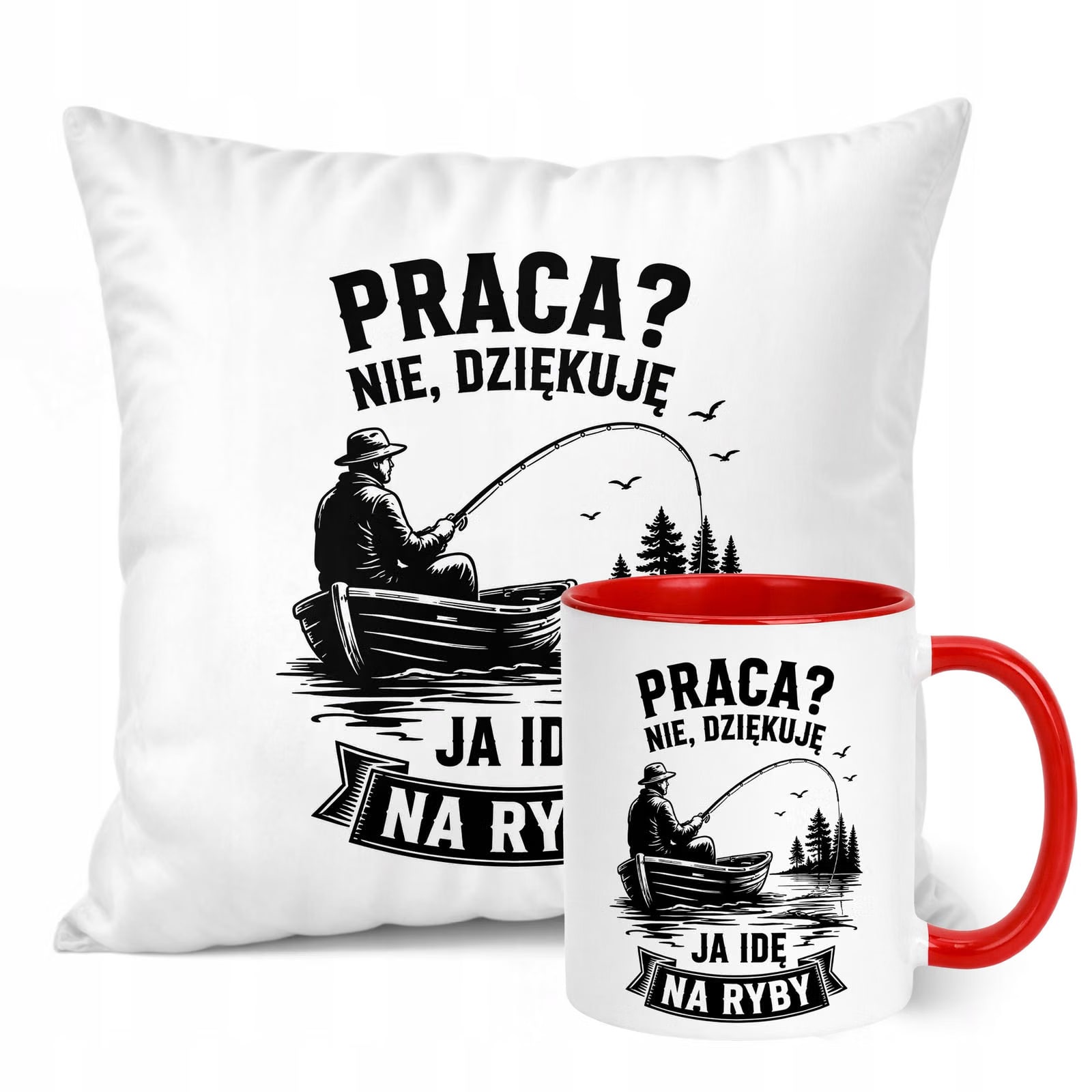 Zestaw Kubek Czerwony Poduszka Z Nadrukiem Dla Wędkarza Prezent
