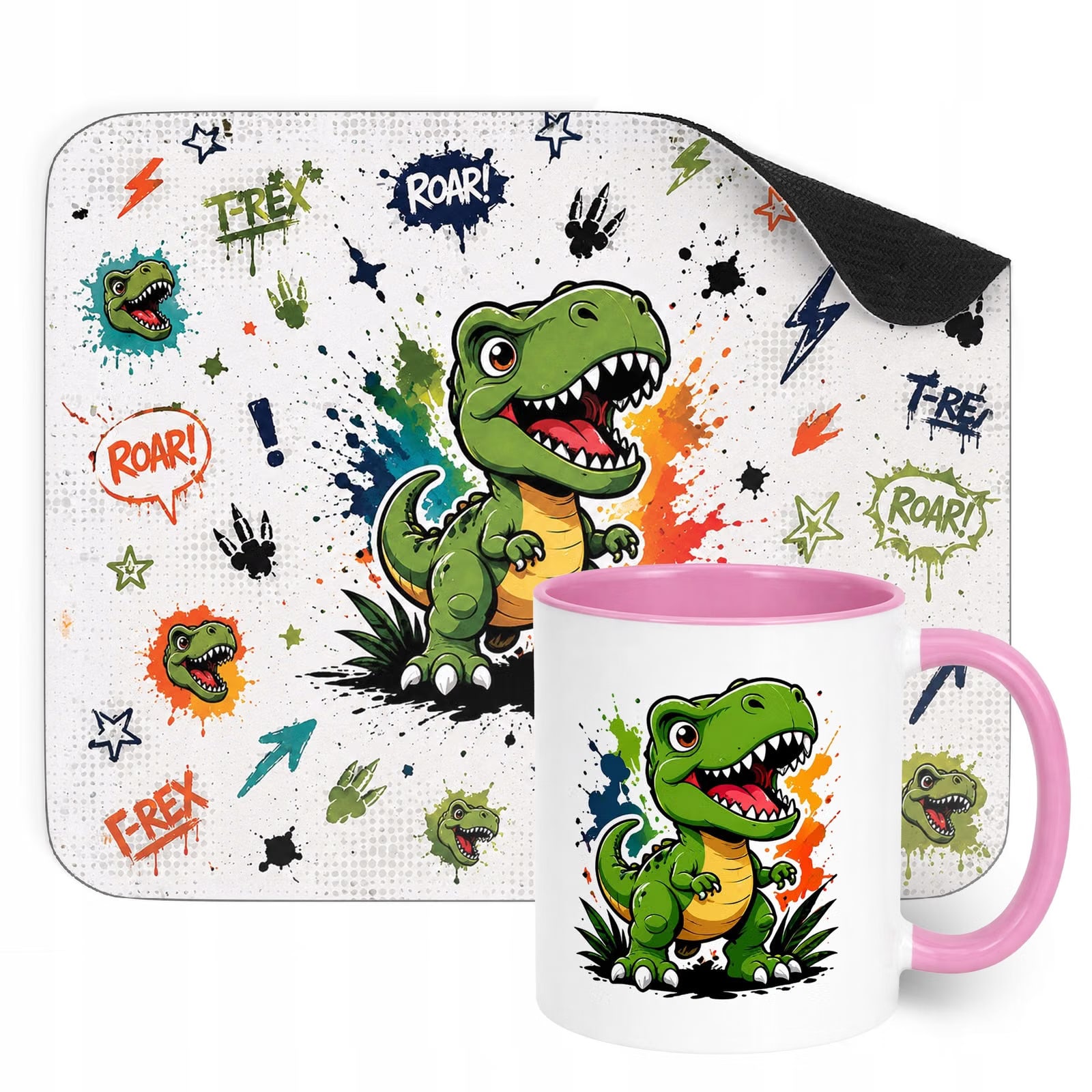 Zestaw Kubek Różowy Podkładka pod mysz z nadrukiem T-rex