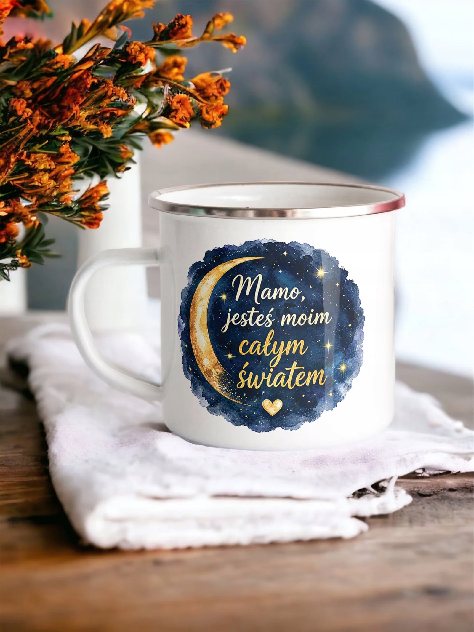 Kubek Emaliowany dla mamy Dzień Matki najlepszy z Nadrukiem Biały Metalowy