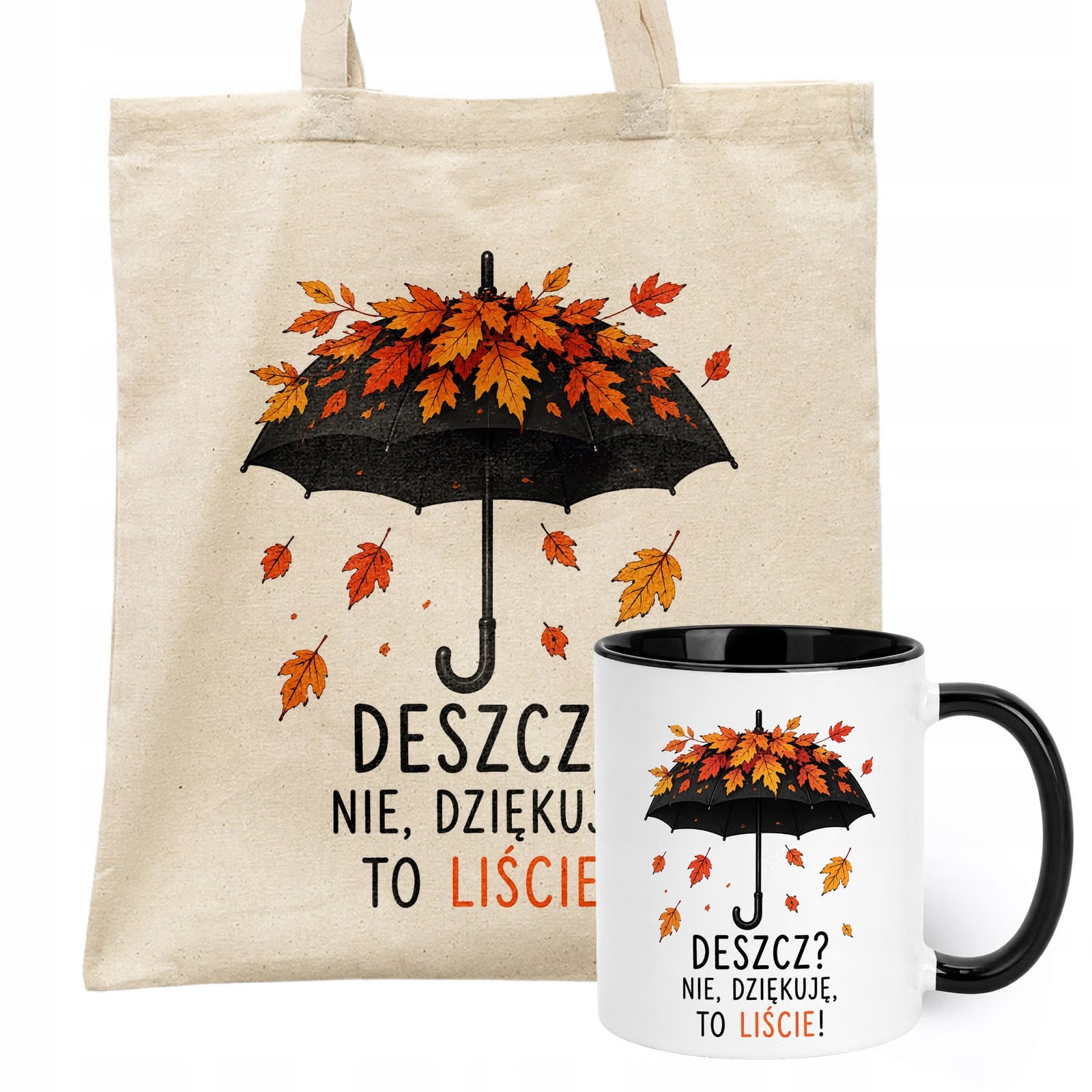 Zestaw Kubek Czarny Torba Shopper Ecru Z Nadrukiem Jesień Jesienny