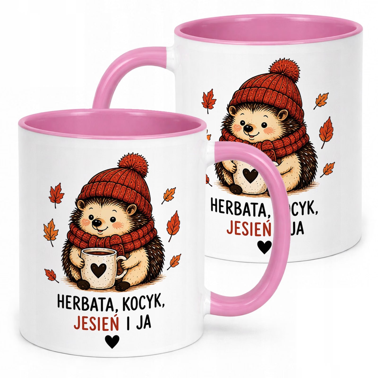 Różowy Kubek z nadrukiem Jesienny Jesień Jeż herbata kocyk Prezent