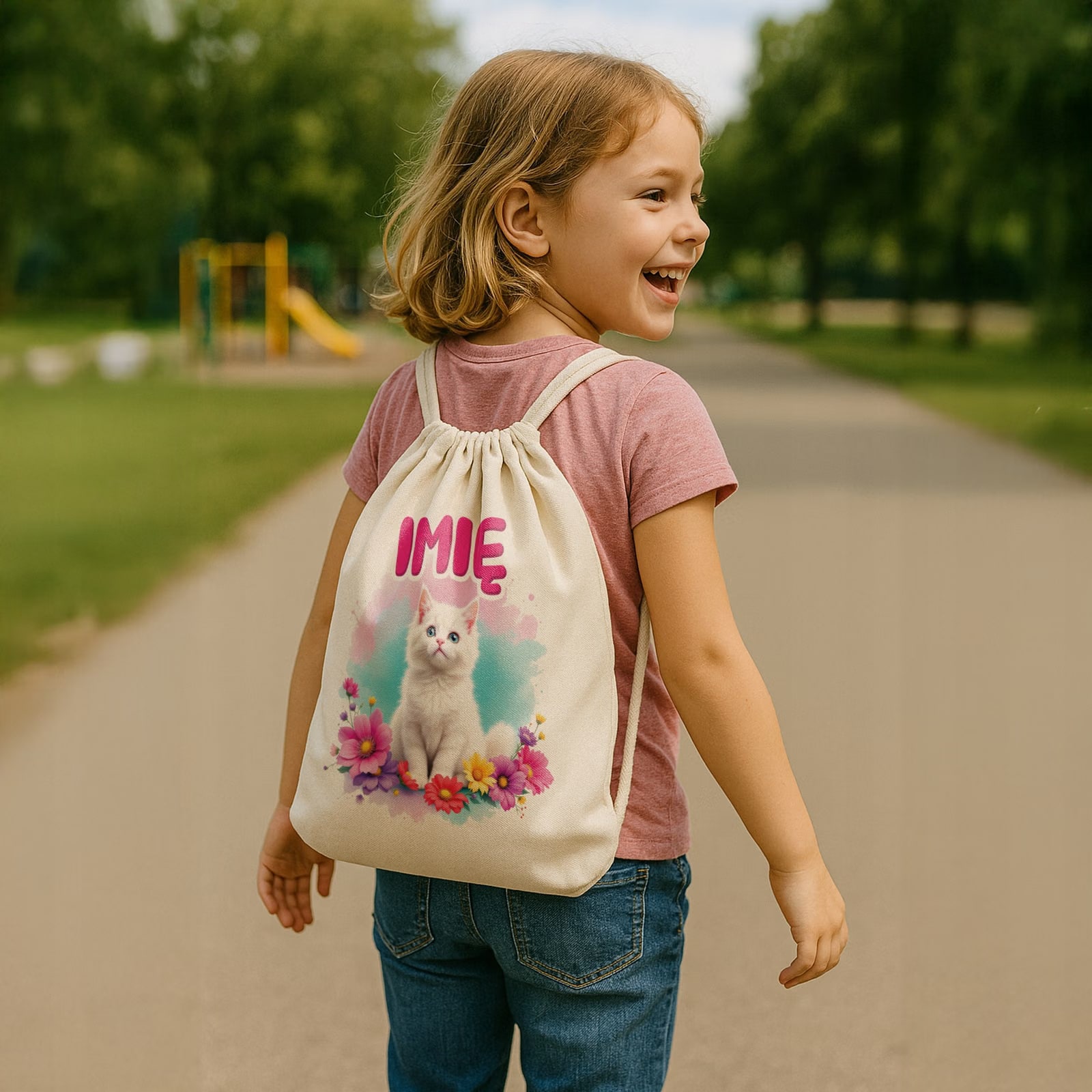 Plecak bawełniany Personalizowany Kot Kotek Zwierzak Słodki Dla Dzieci