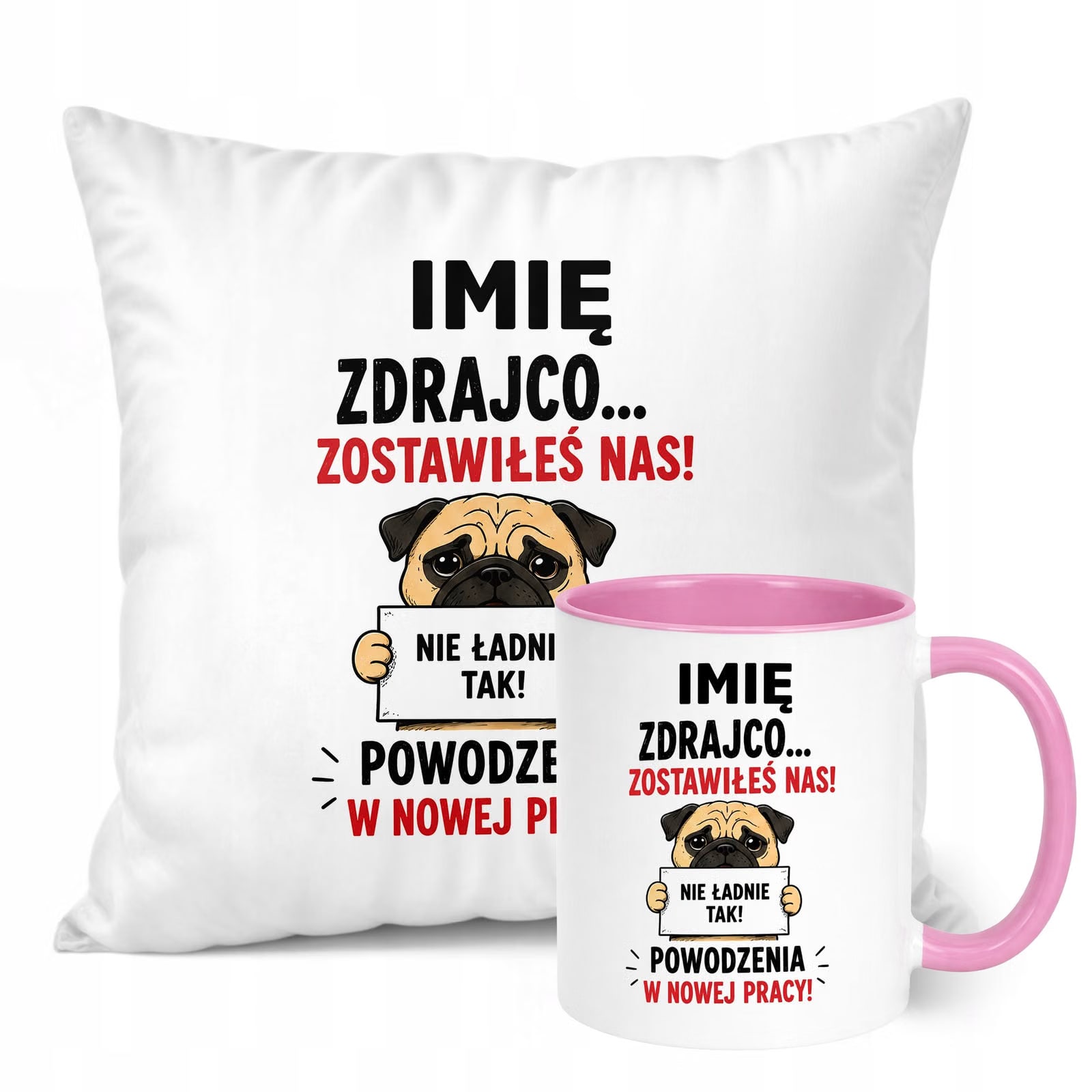 Zestaw Personalizowany Kubek Różowy Poduszka Odejście z Pracy Prezent