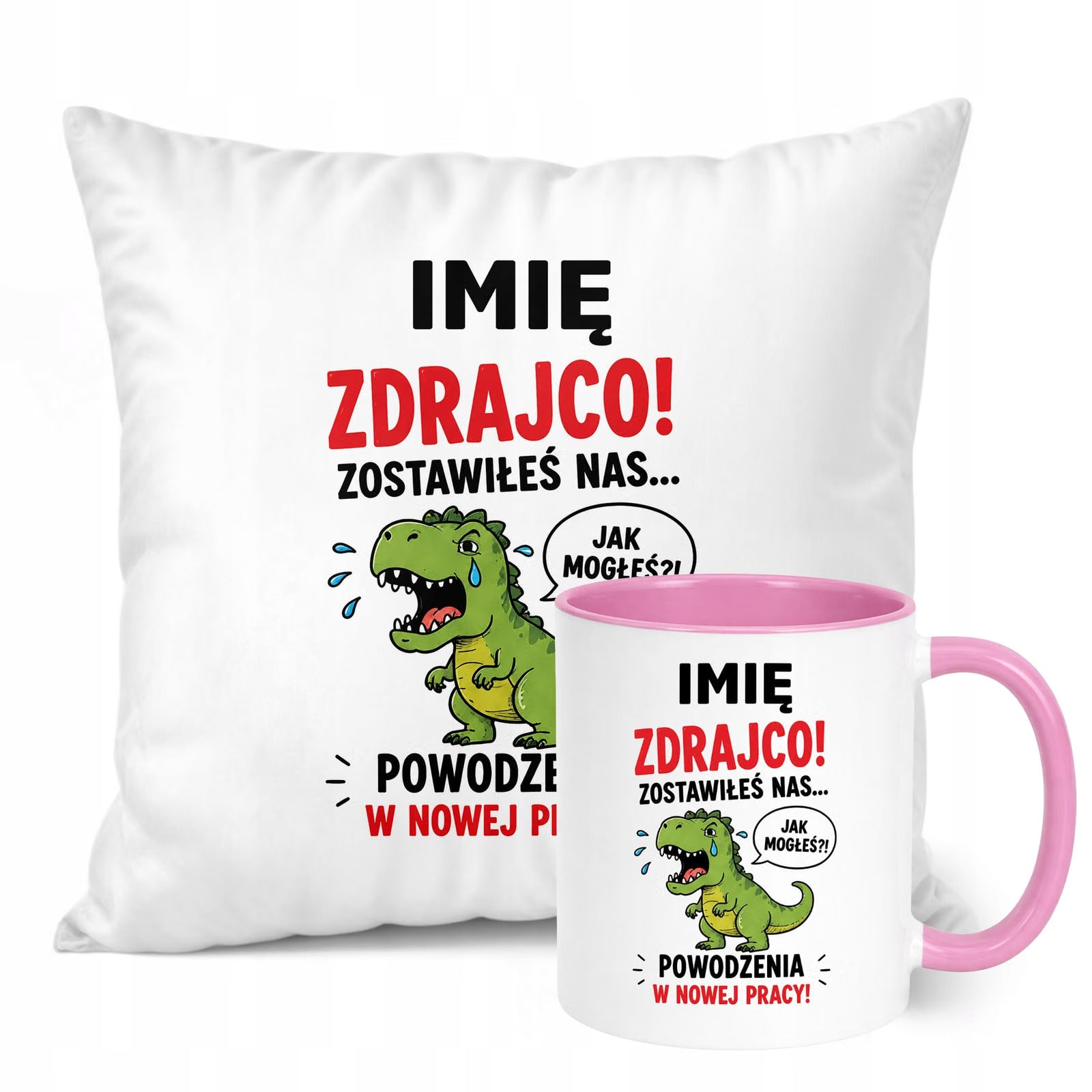 Zestaw Personalizowany Kubek Różowy Poduszka Odejście z Pracy Prezent