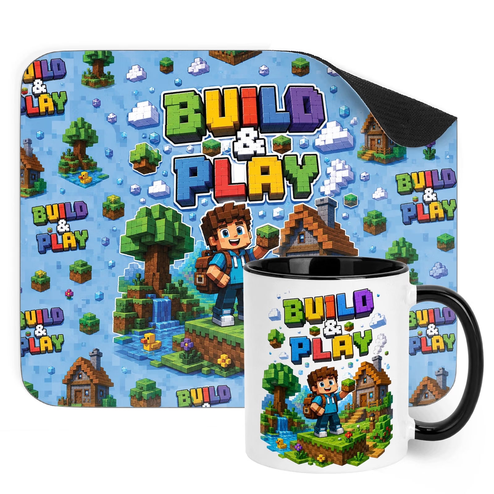 Zestaw Kubek Czarny Podkładka pod mysz z nadrukiem gra Build&Play