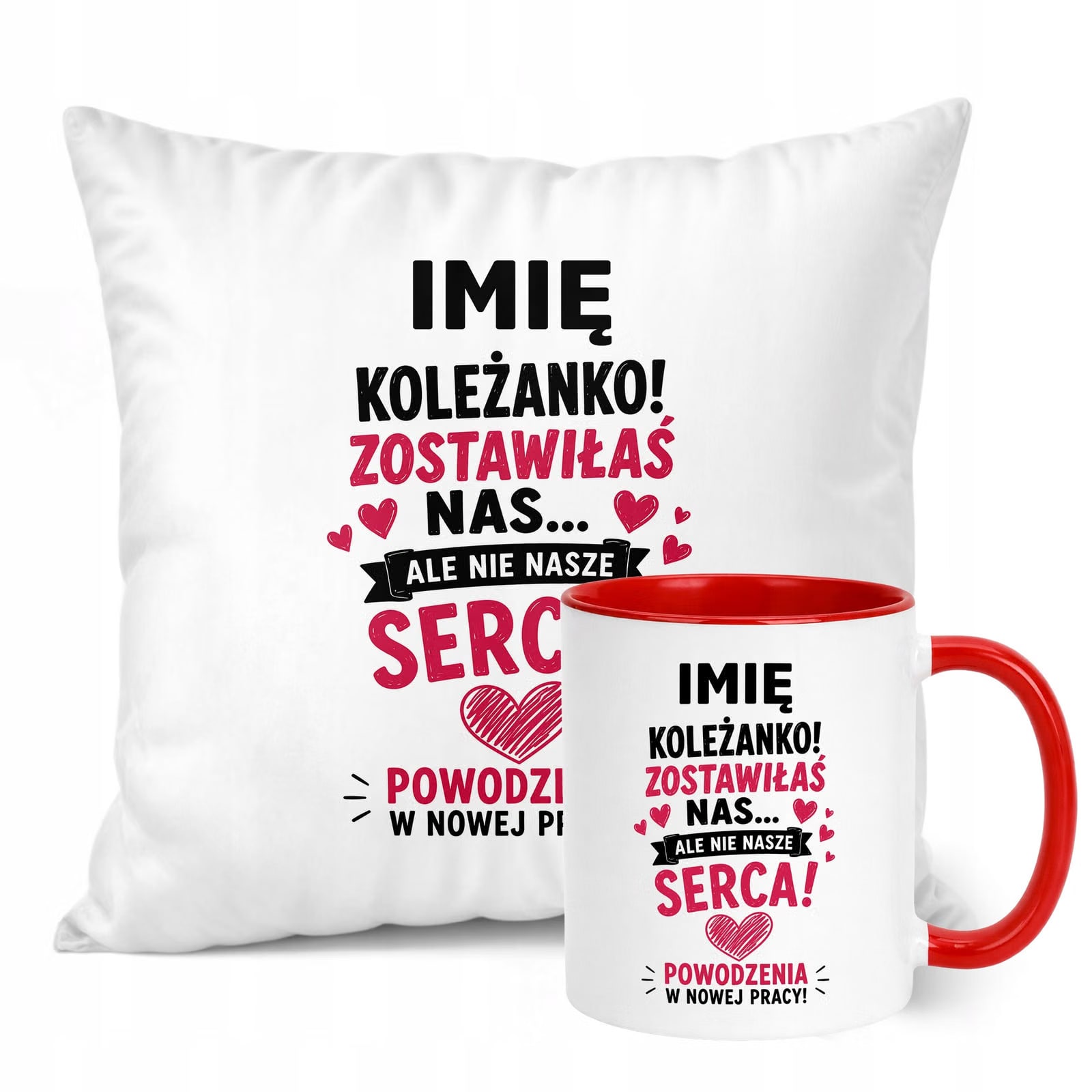 Zestaw Personalizowany Kubek Czerwony Poduszka Odejście z Pracy Prezent