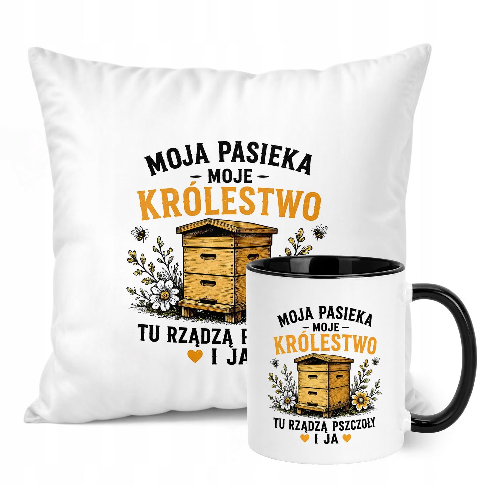 Zestaw Kubek Czarny Poduszka Z Nadrukiem Dla Pszczelarza Prezent