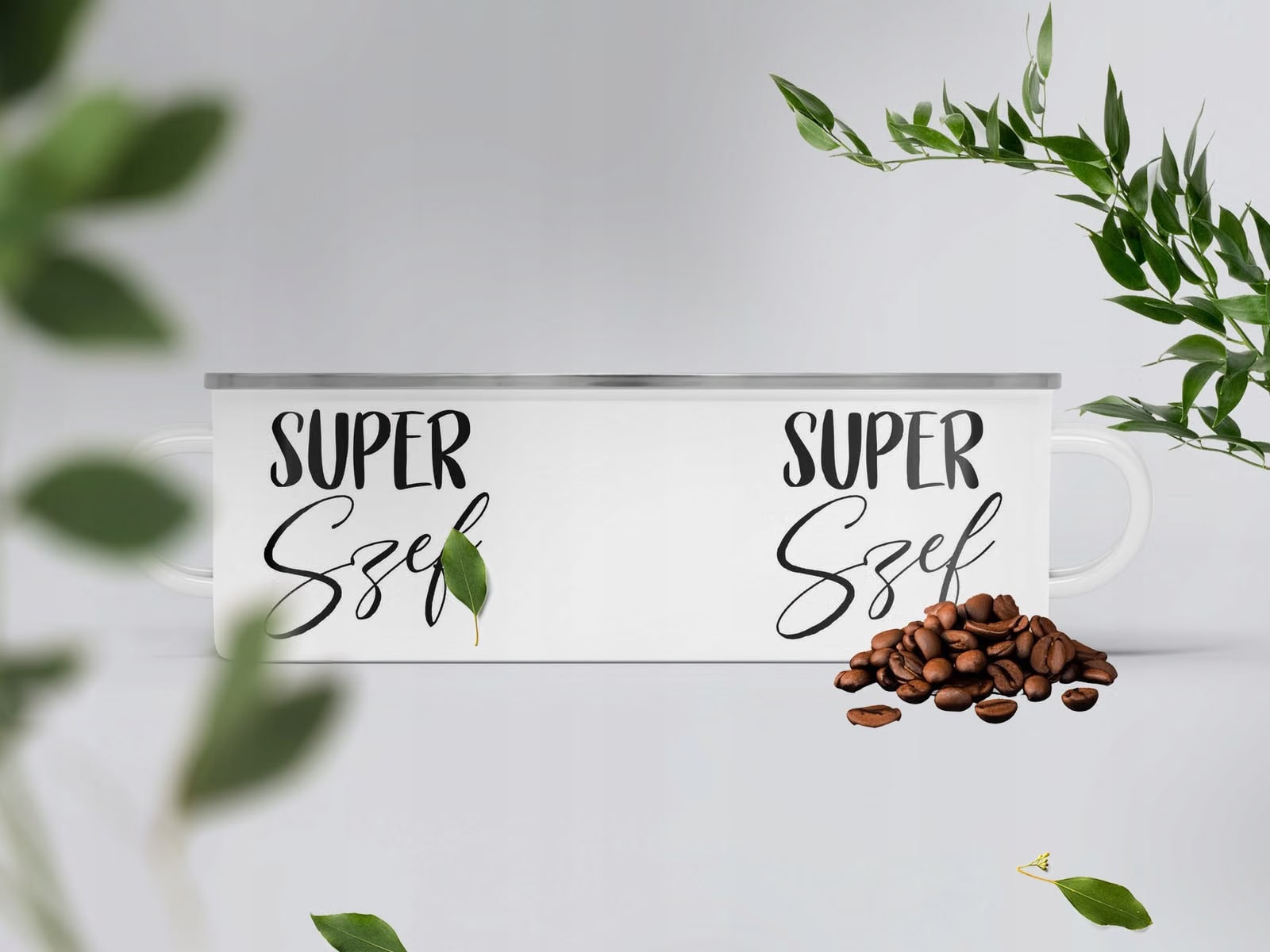 Kubek Emaliowany Super Szef Dla Szefa Praca z Nadrukiem Biały Metalowy
