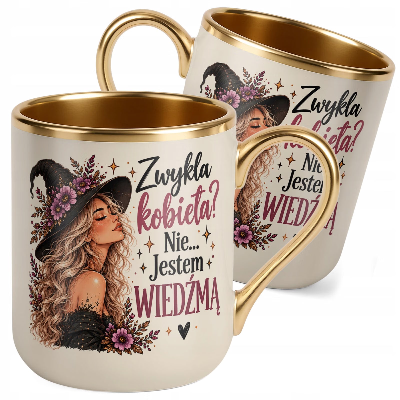 Kubek Premium Złoty Ecru z Nadrukiem Kobieta Wiedźma Prezent